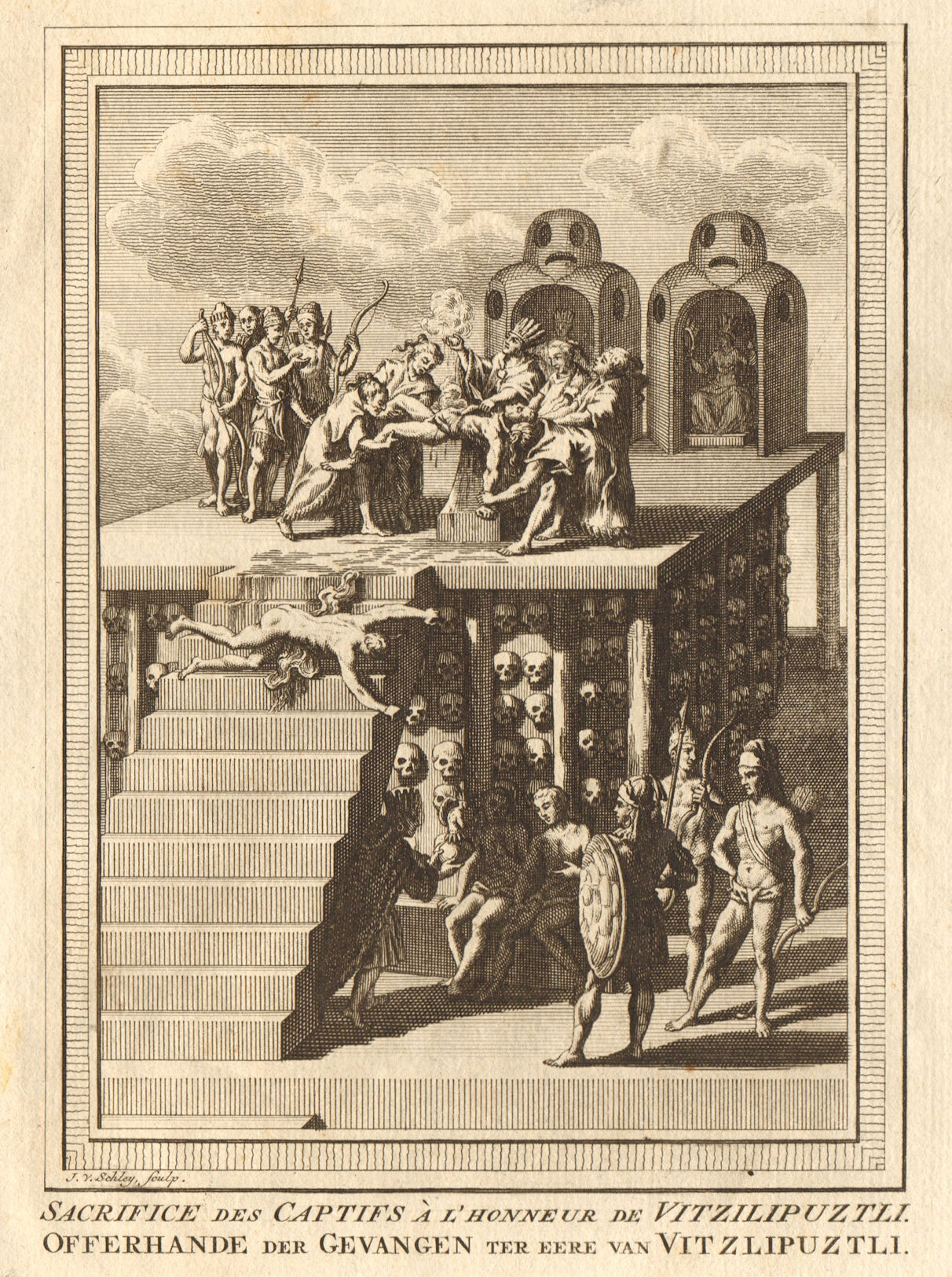 Sacrifice to Aztec god Huitzilopochtli. Tenochtitlan-Mexico City. SCHLEY 1762