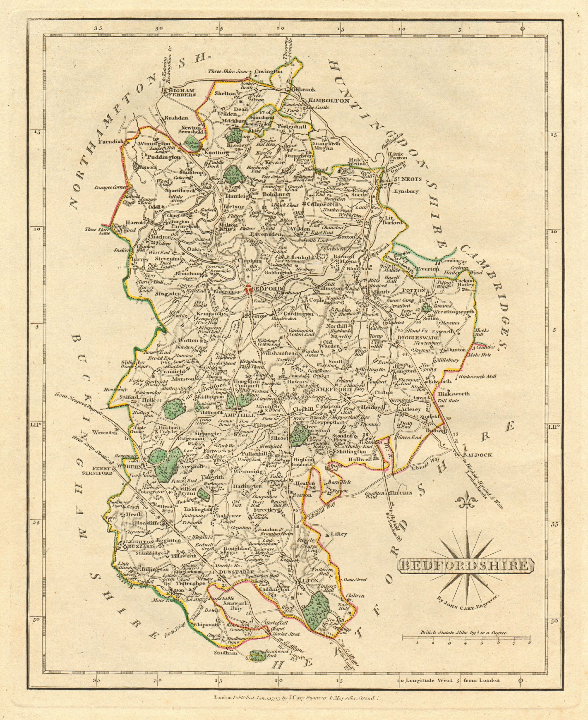 Associate Product Antique county map of BEDFORDSHIRE by JOHN CARY. Original outline colour 1793