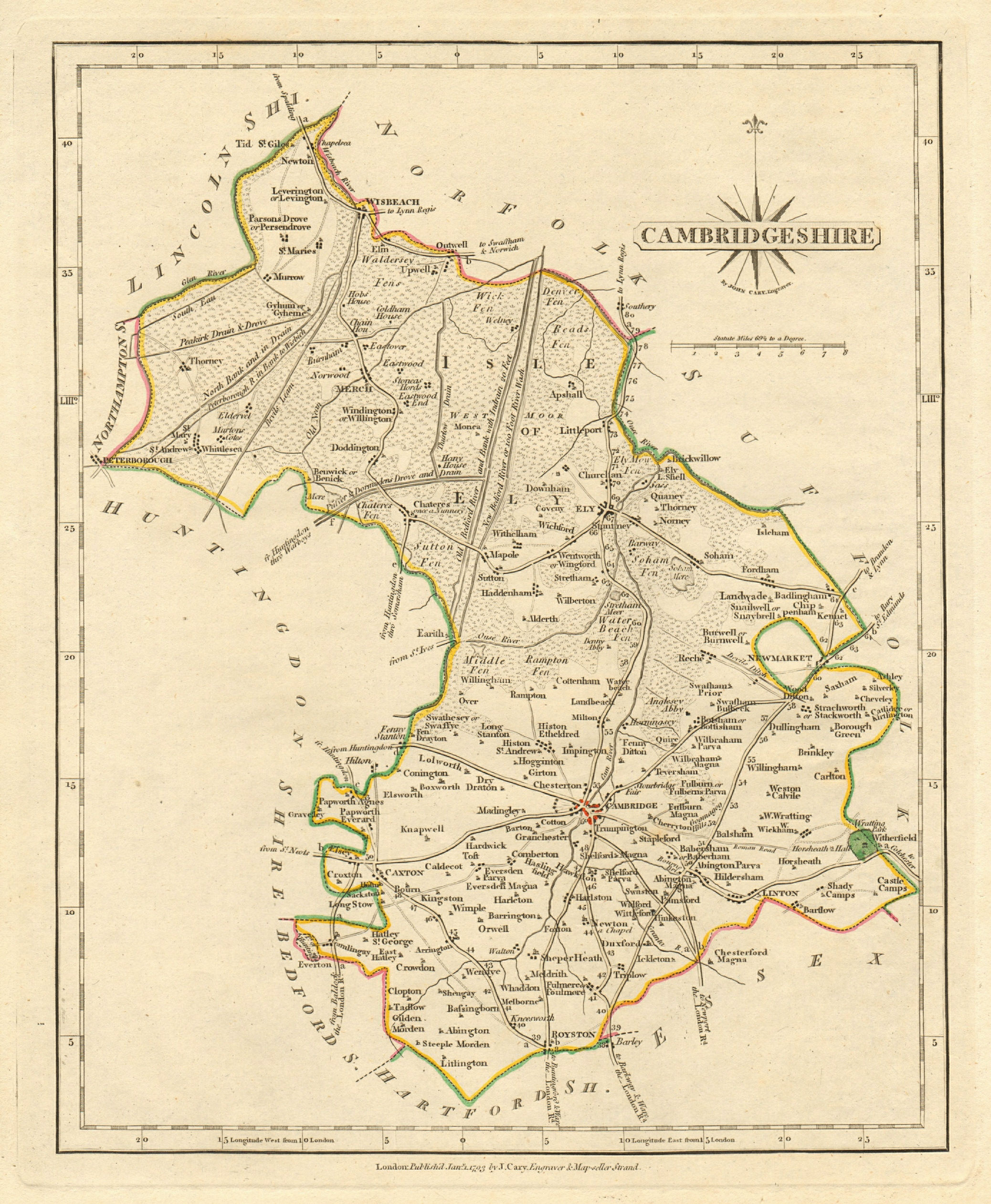 Antique county map of CAMBRIDGESHIRE by JOHN CARY. Original outline colour 1793