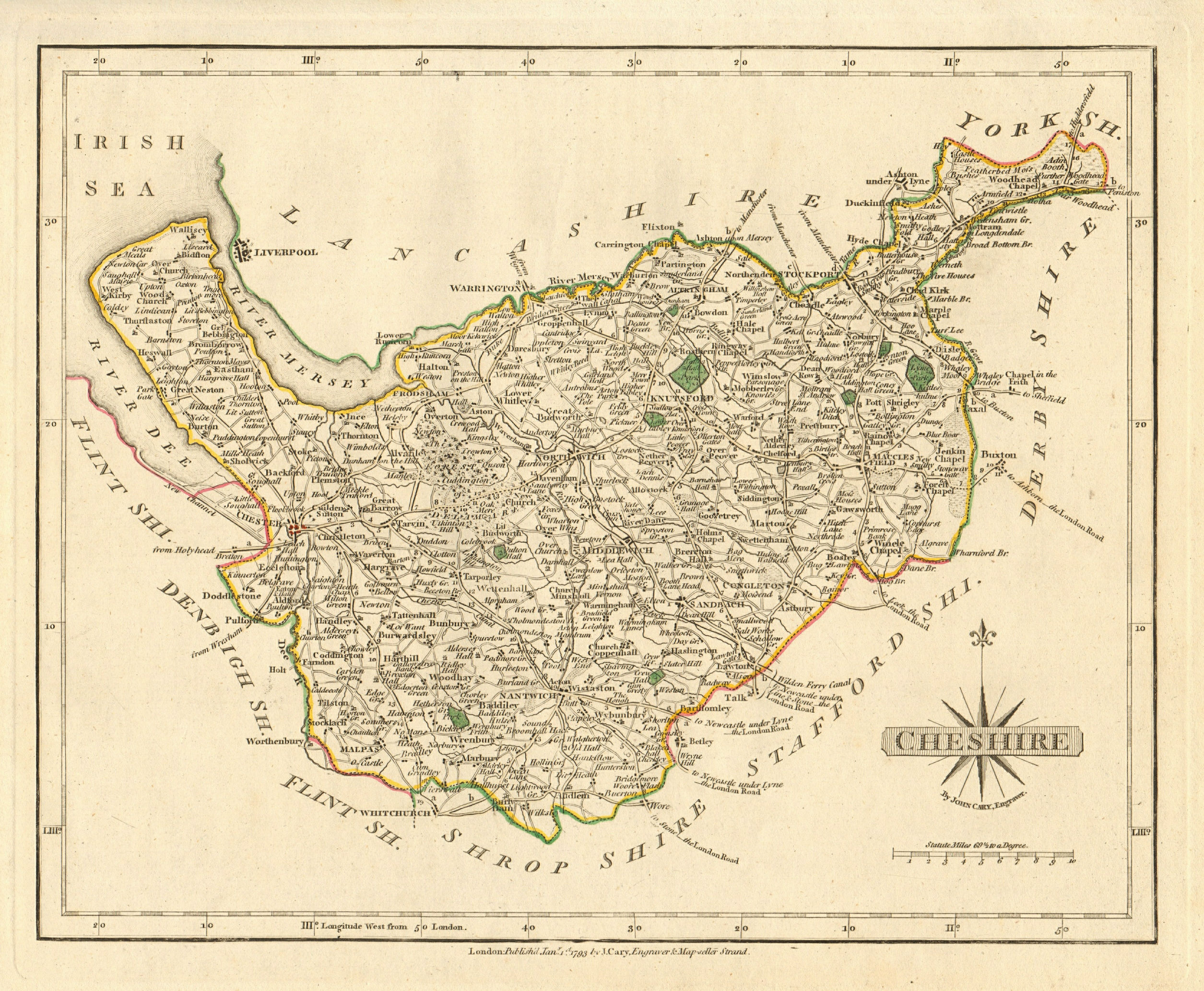 Associate Product Antique county map of CHESHIRE by JOHN CARY. Original outline colour 1793