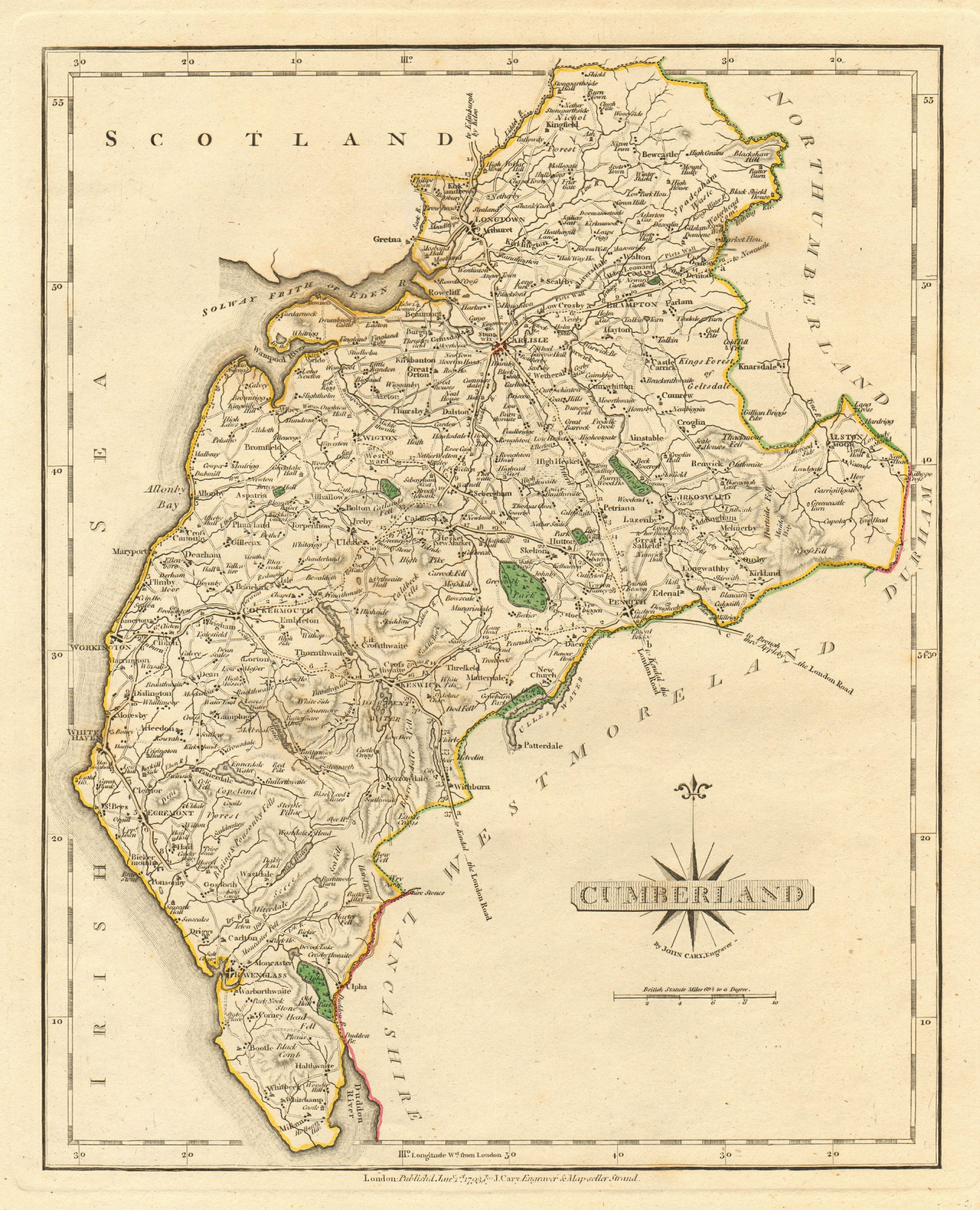 Associate Product Antique county map of CUMBERLAND by JOHN CARY. Original outline colour 1793