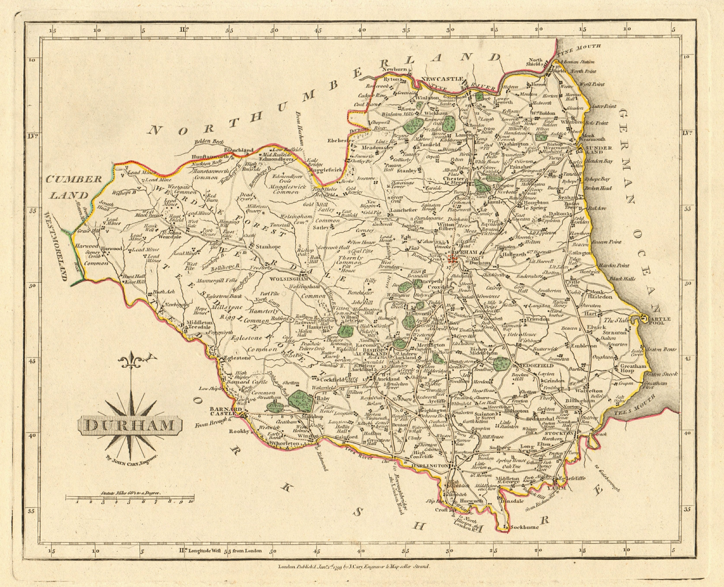 Associate Product Antique map of County DURHAM by JOHN CARY. Original outline colour 1793