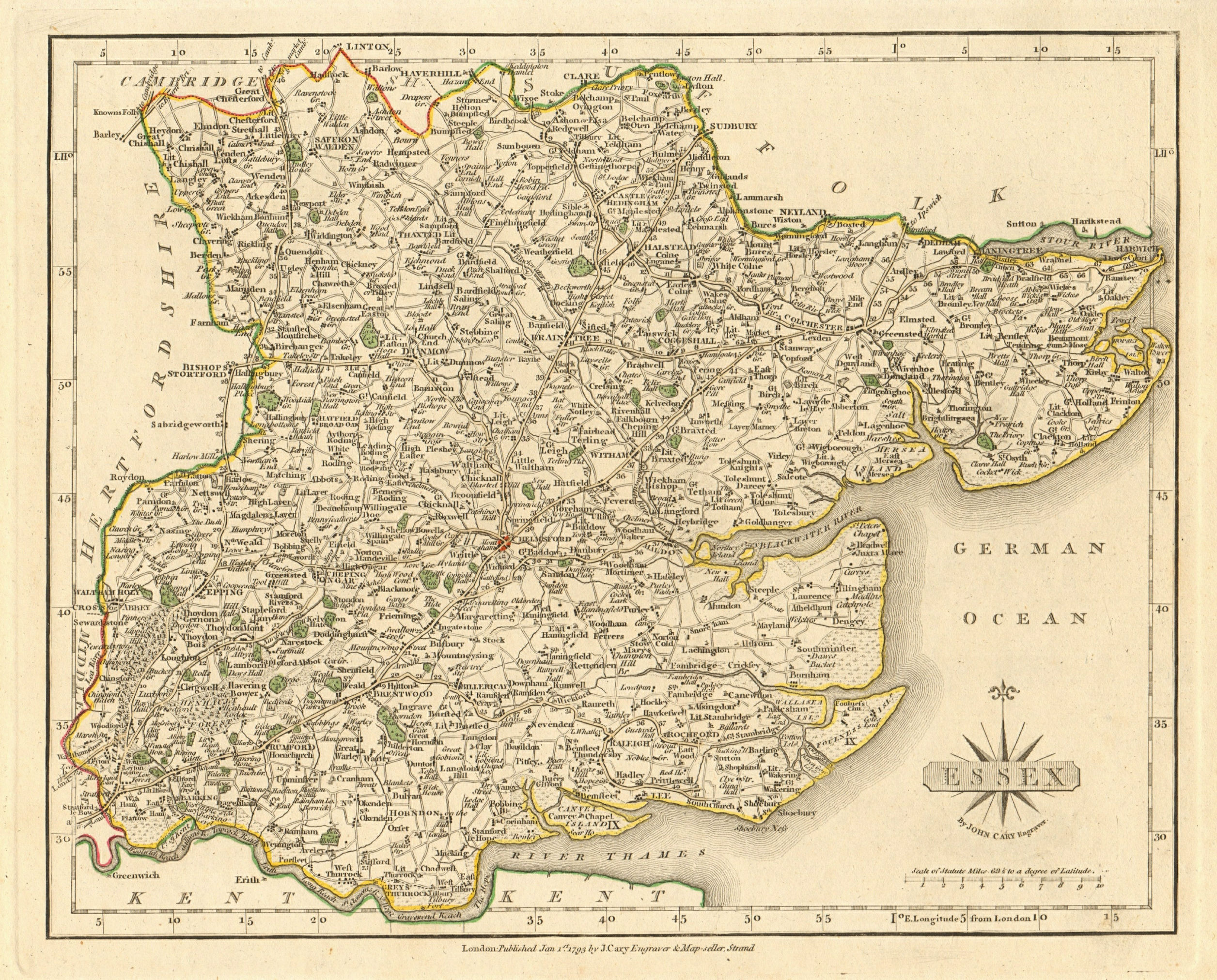 Antique county map of ESSEX by JOHN CARY. Original outline colour 1793 old