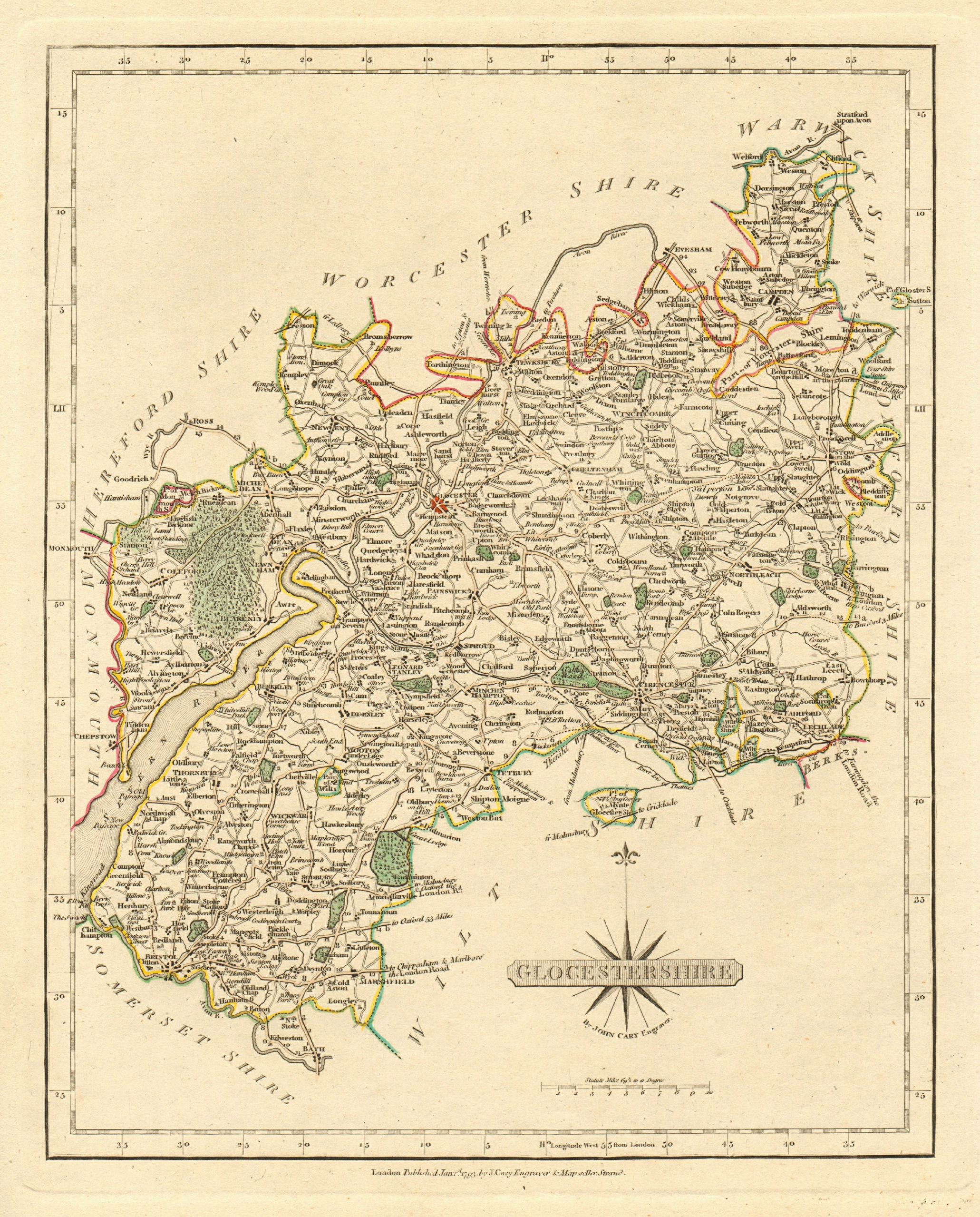 Antique county map of GLOUCESTERSHIRE by JOHN CARY. Original outline colour 1793