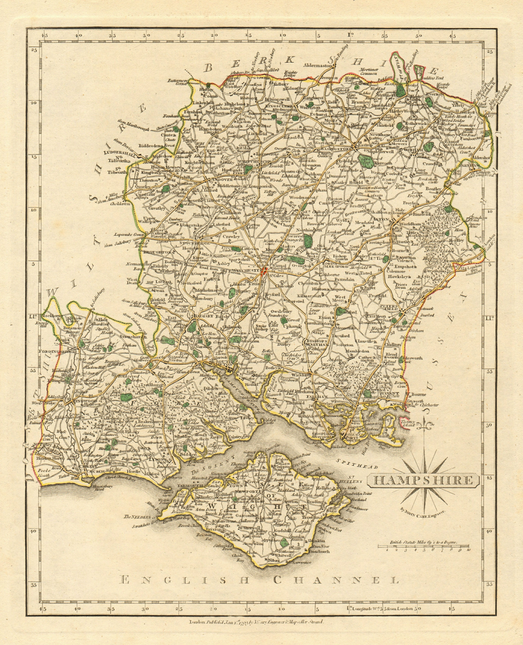 Antique county map of HAMPSHIRE by JOHN CARY. Original outline colour 1793