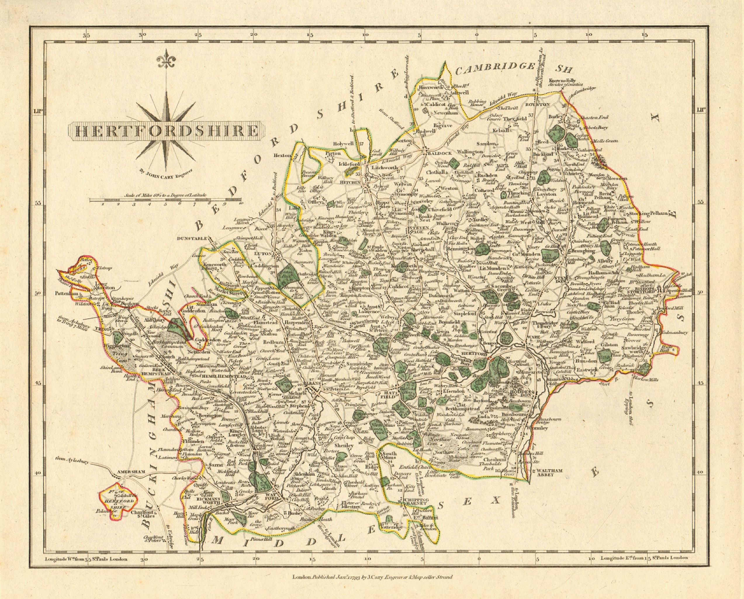 Associate Product Antique county map of HERTFORDSHIRE by JOHN CARY. Original outline colour 1793