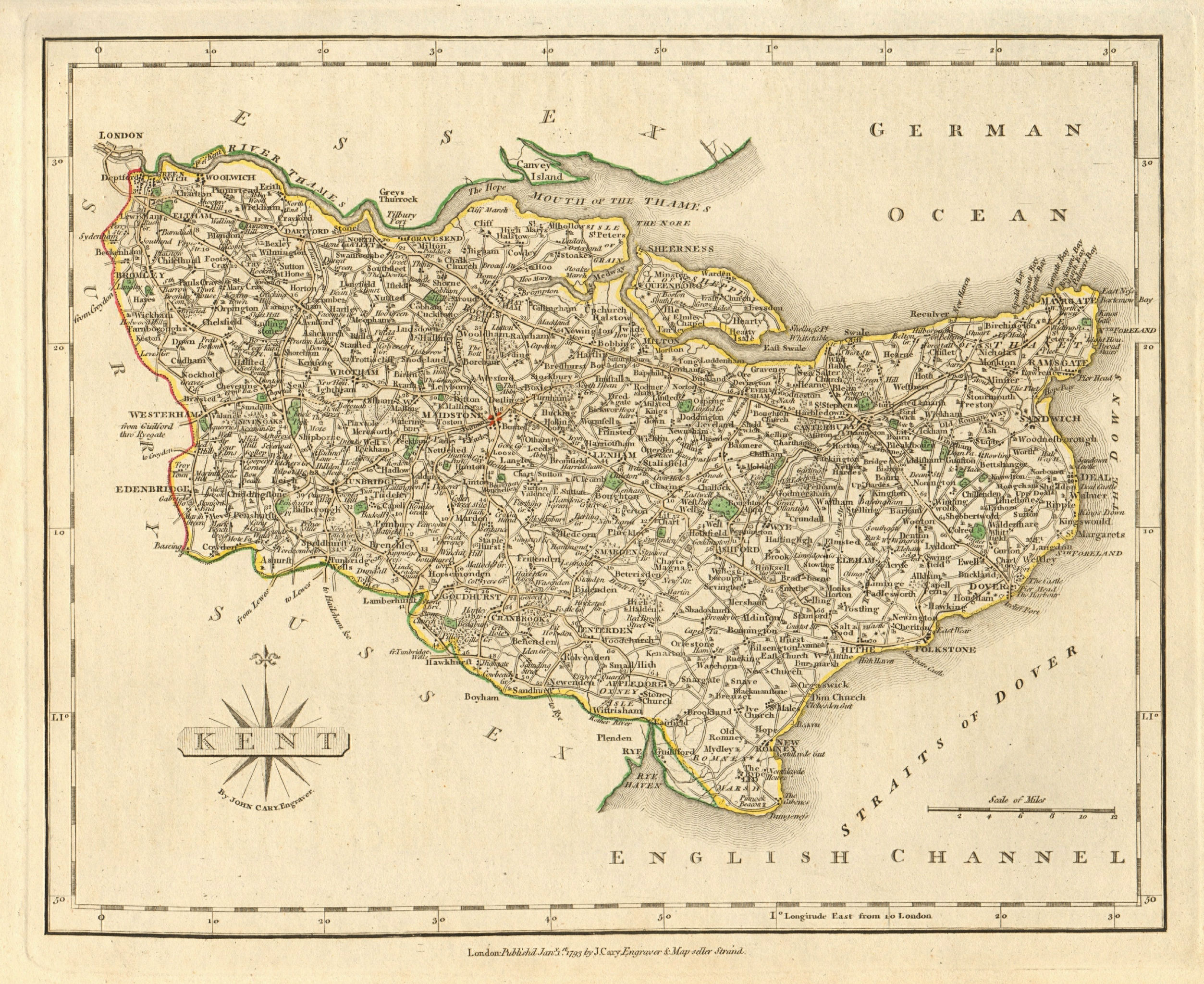 Antique county map of KENT by JOHN CARY. Original outline colour 1793 old