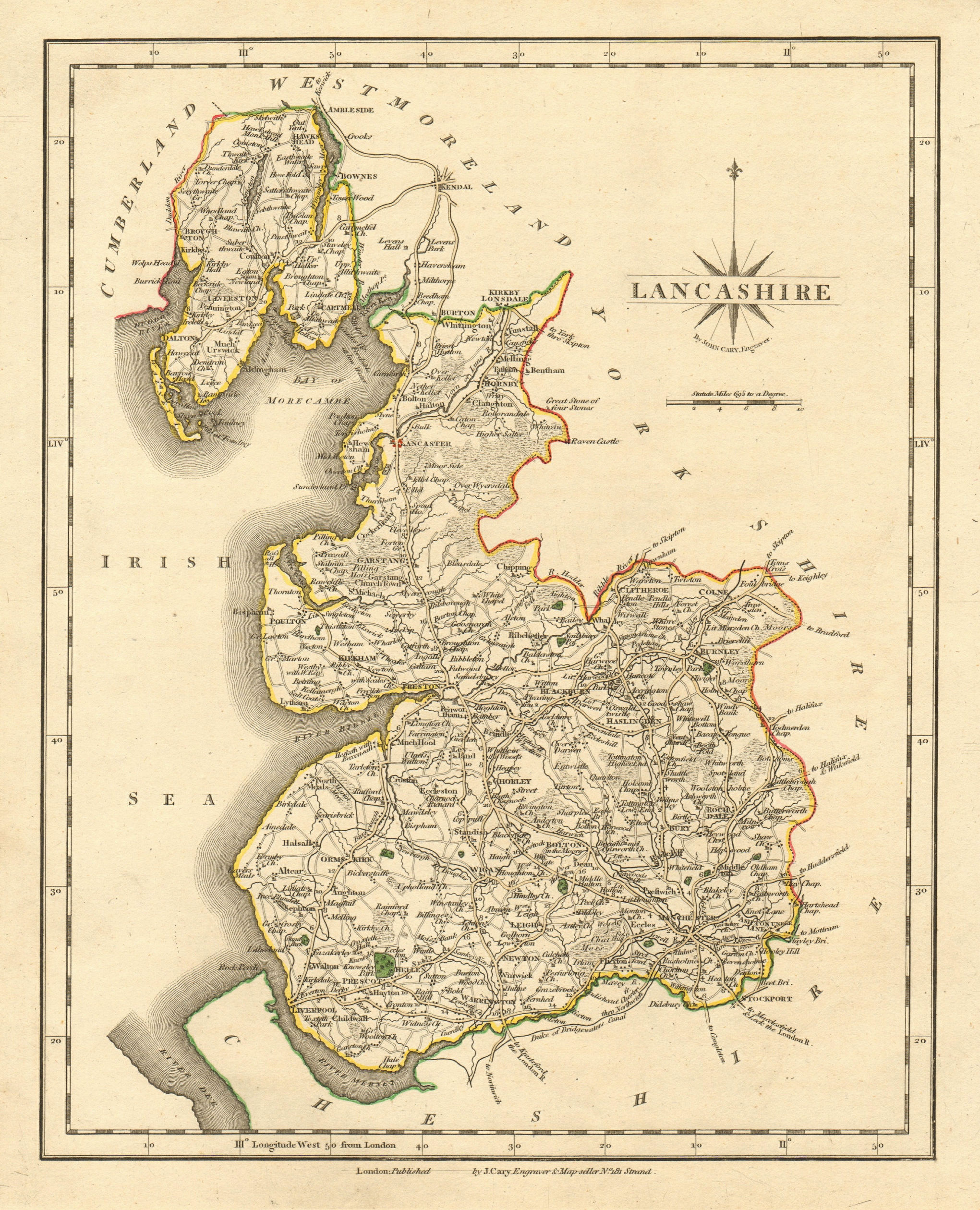 Antique county map of LANCASHIRE by JOHN CARY. Original outline colour 1793