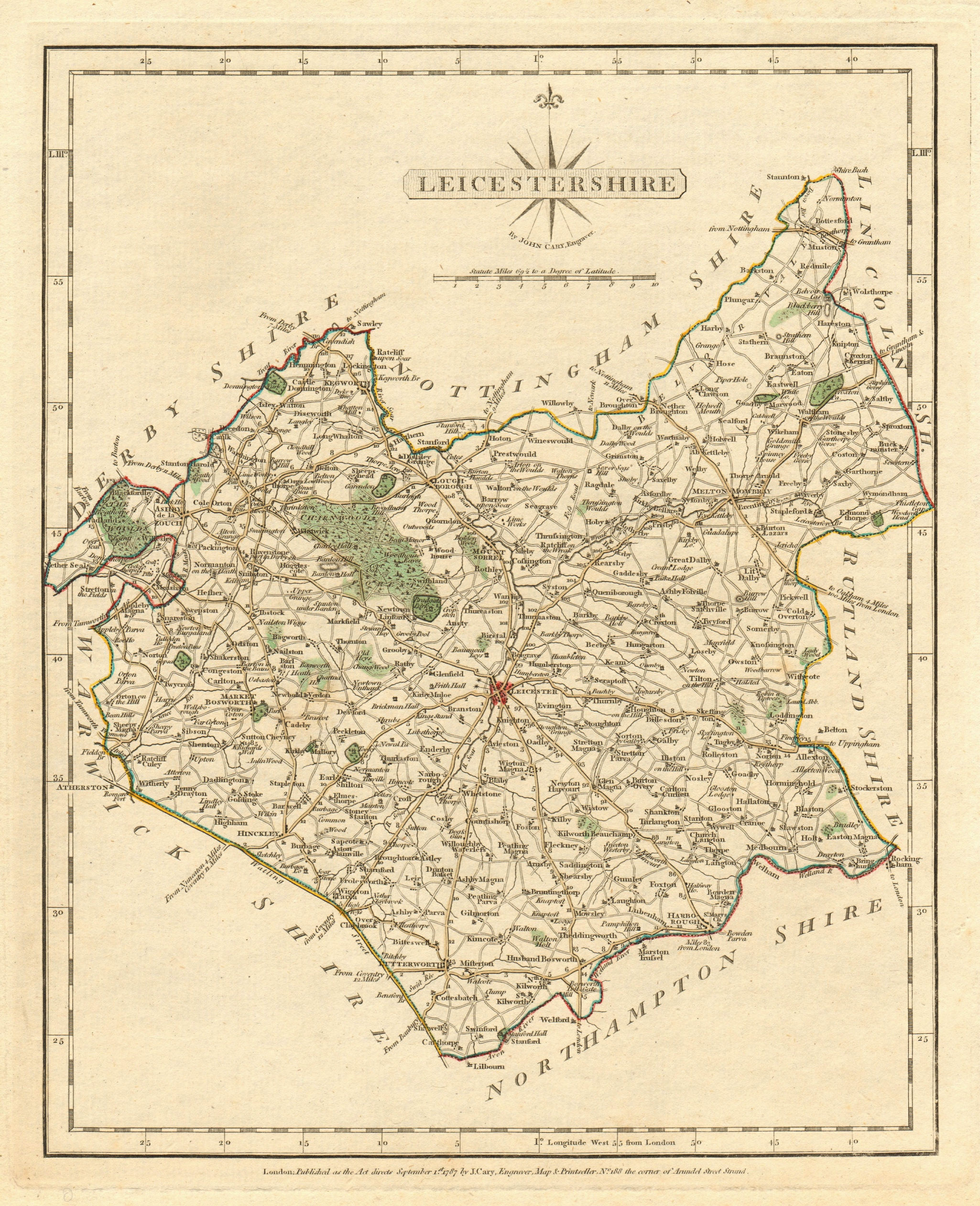 Antique county map of LEICESTERSHIRE by JOHN CARY.  Original outline colour 1793