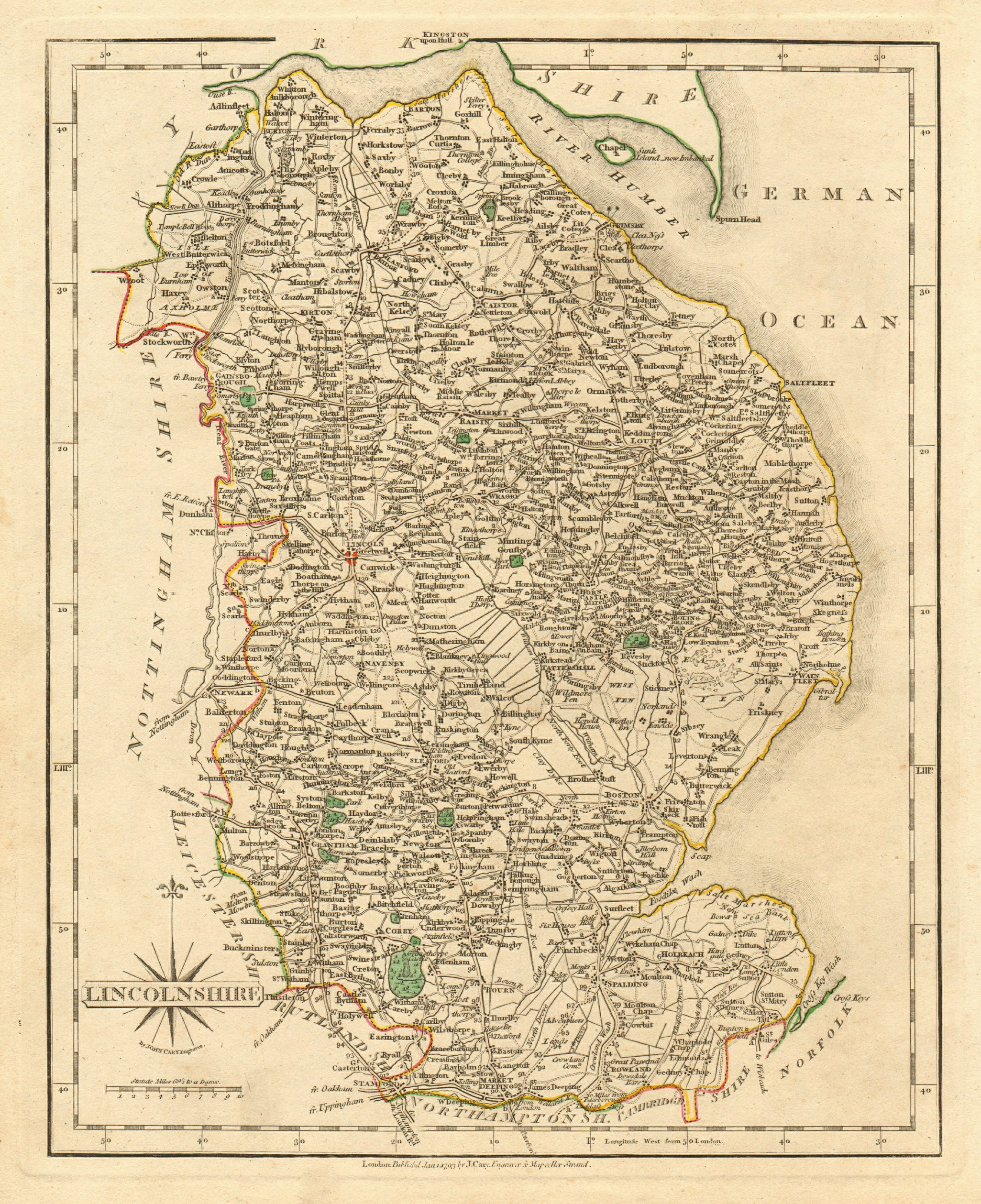 Antique county map of LINCOLNSHIRE by JOHN CARY. Original outline colour 1793