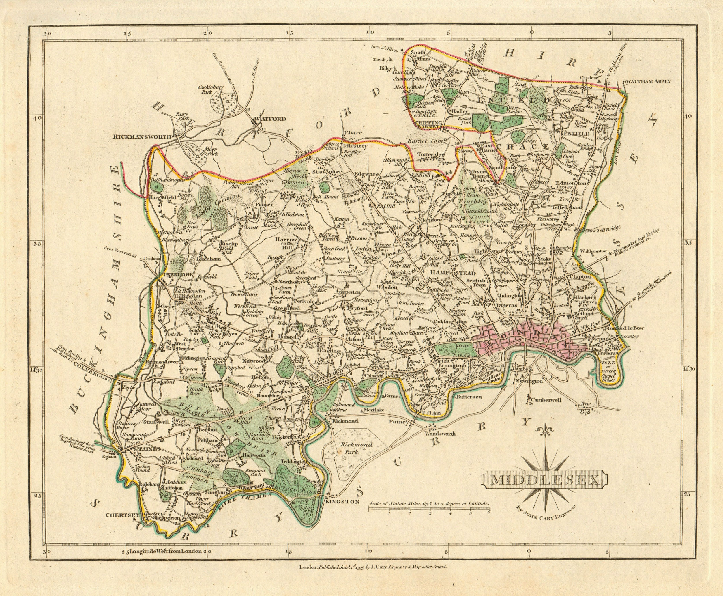 Associate Product Antique county map of MIDDLESEX by JOHN CARY. Original outline colour 1793