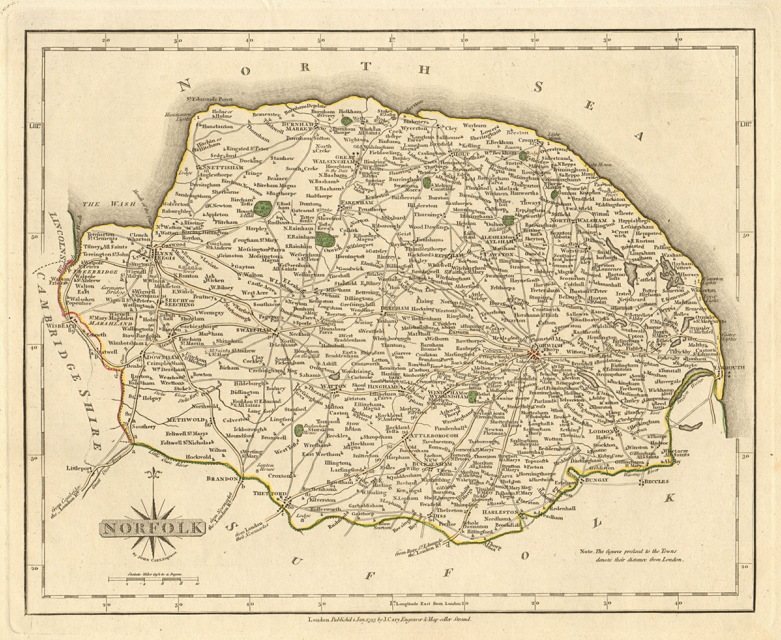 Associate Product Antique county map of NORFOLK by JOHN CARY. Original outline colour 1793