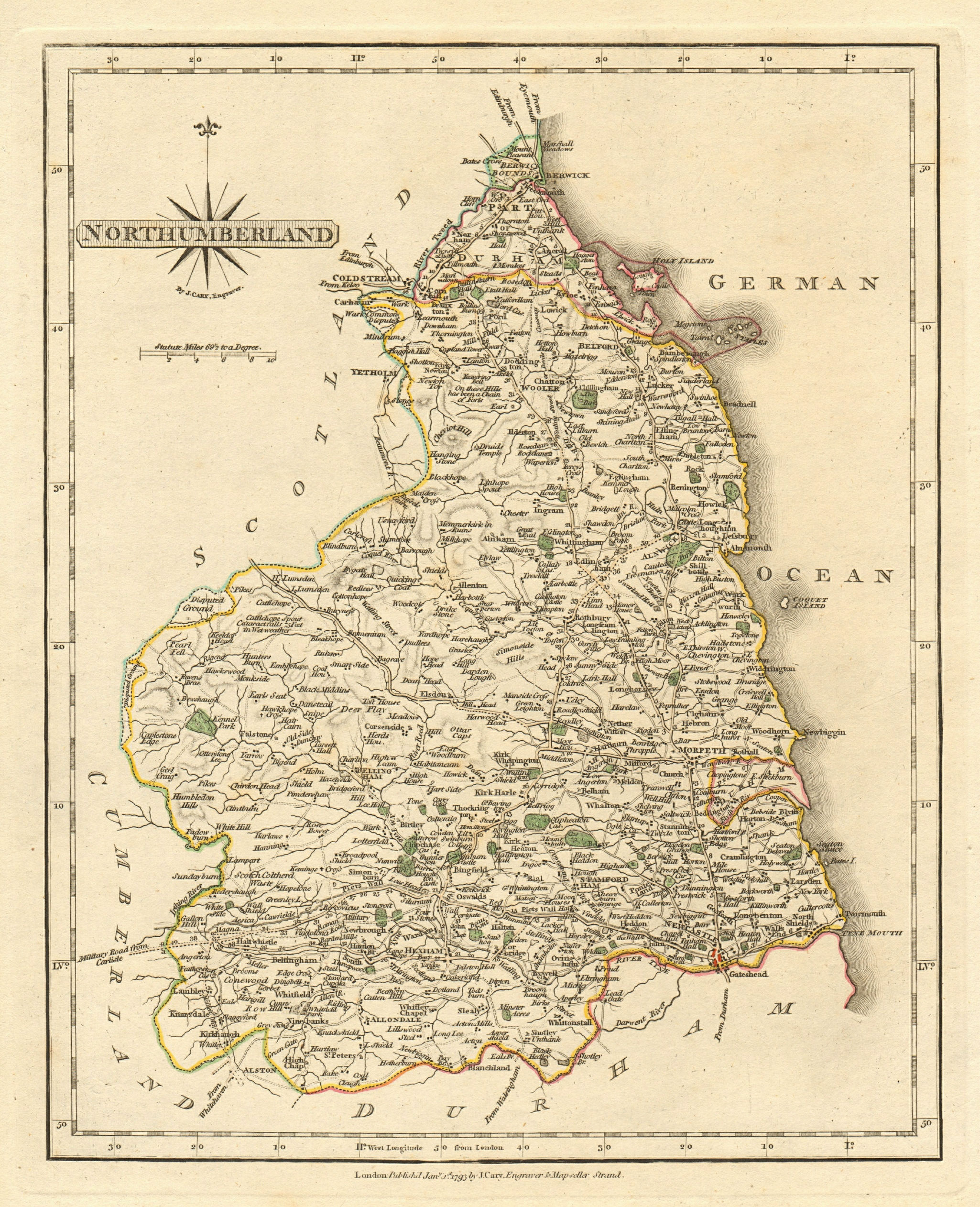 Associate Product Antique county map of NORTHUMBERLAND by JOHN CARY. Original outline colour 1793