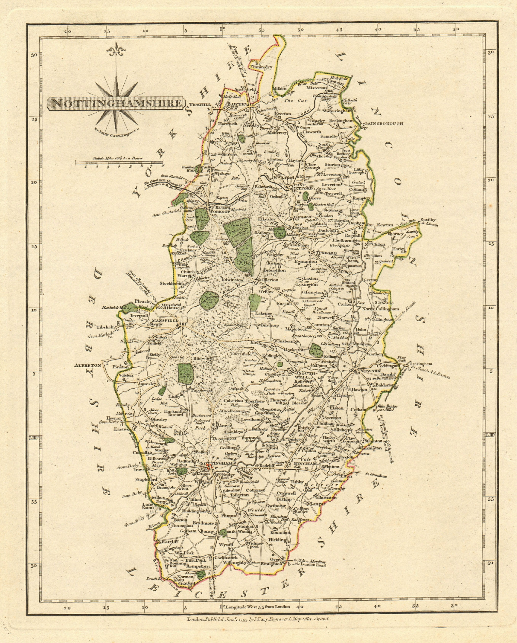 Associate Product Antique county map of NOTTINGHAMSHIRE by JOHN CARY. Original outline colour 1793