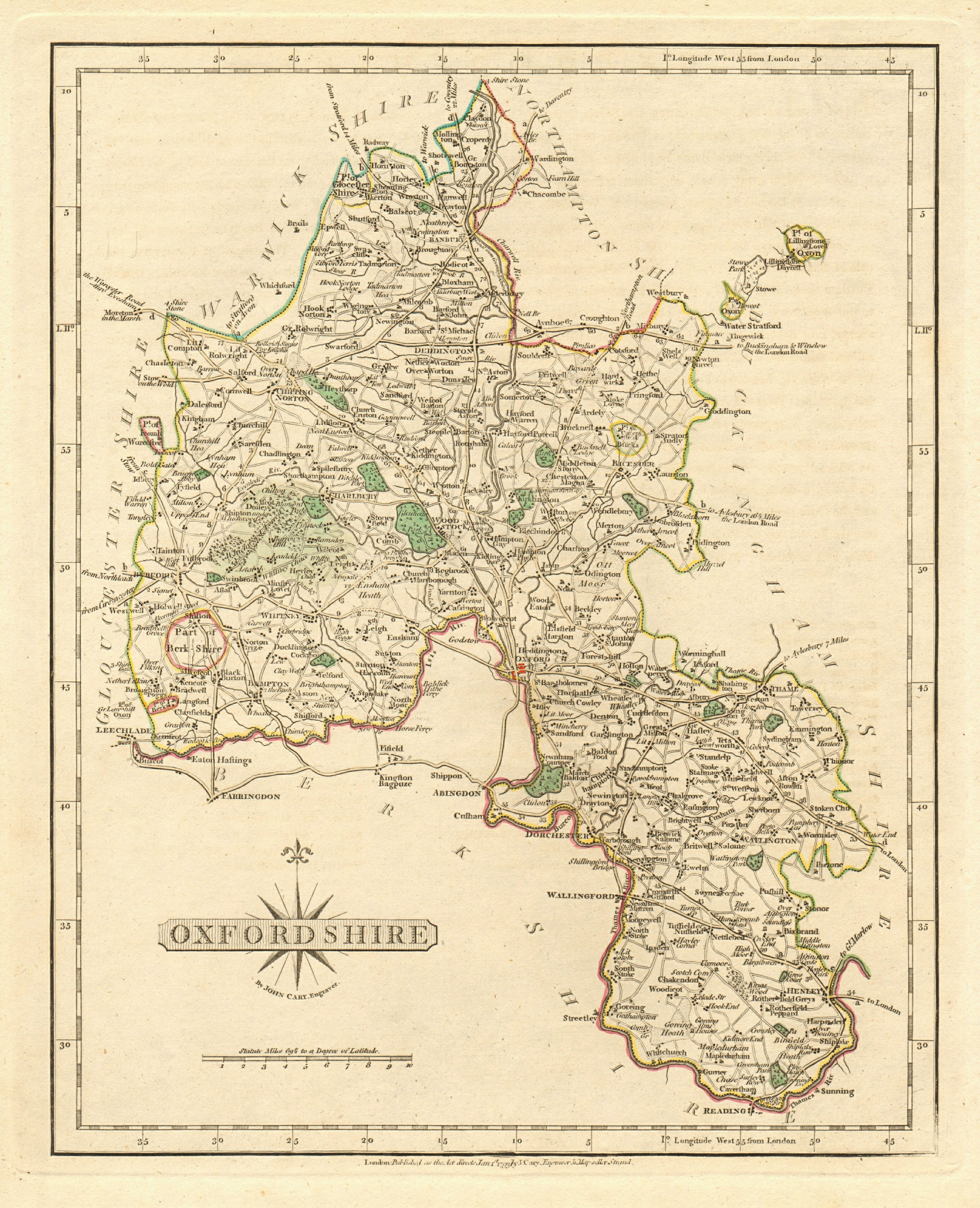 Associate Product Antique county map of OXFORDSHIRE by JOHN CARY. Original outline colour 1793