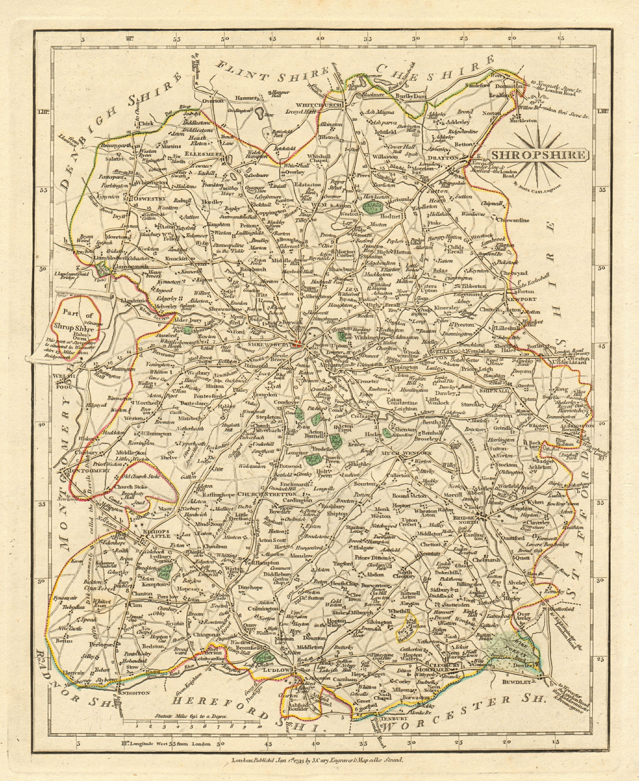 Associate Product Antique county map of SHROPSHIRE by JOHN CARY. Original outline colour 1793