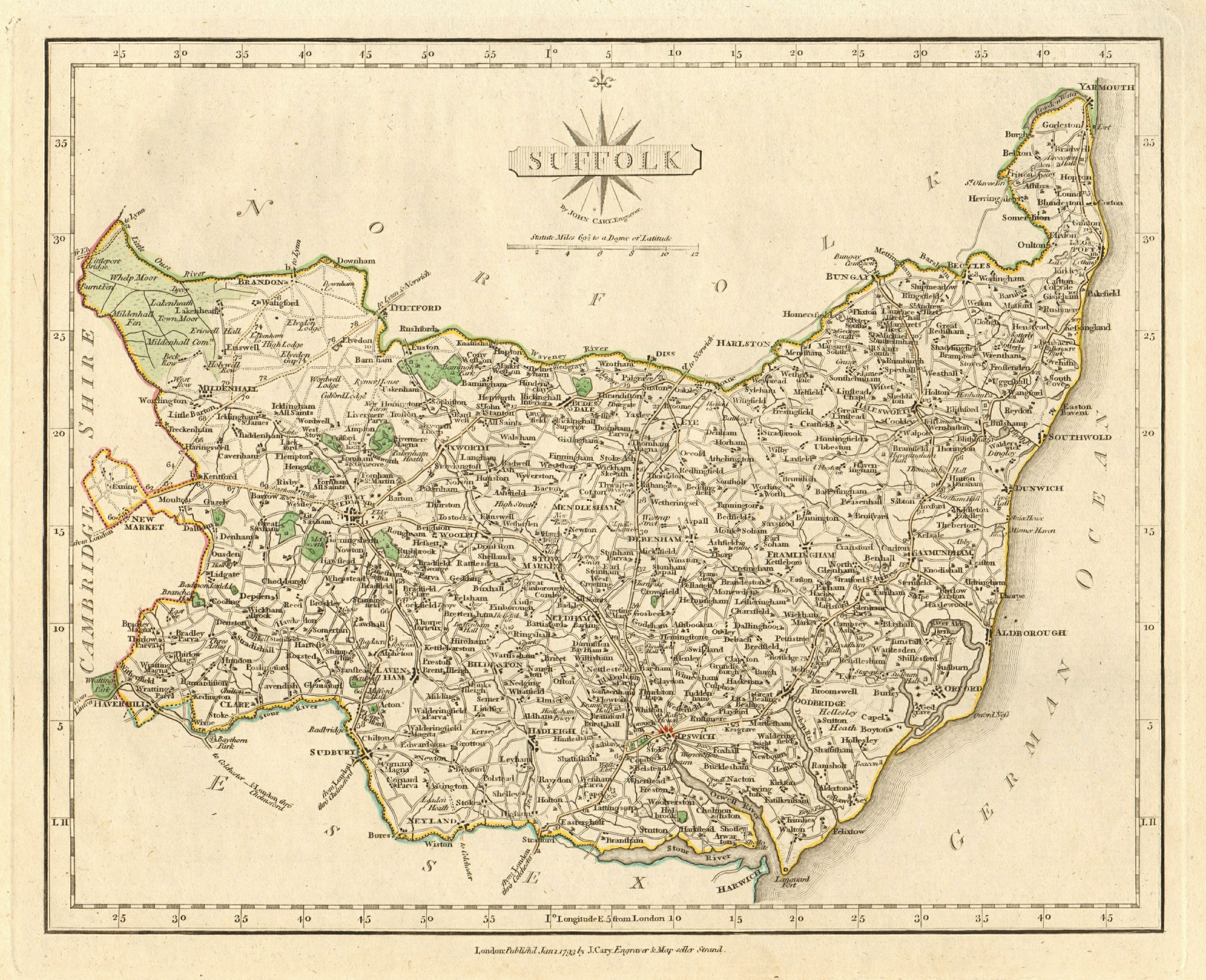 Associate Product Antique county map of SUFFOLK by JOHN CARY. Original outline colour 1793