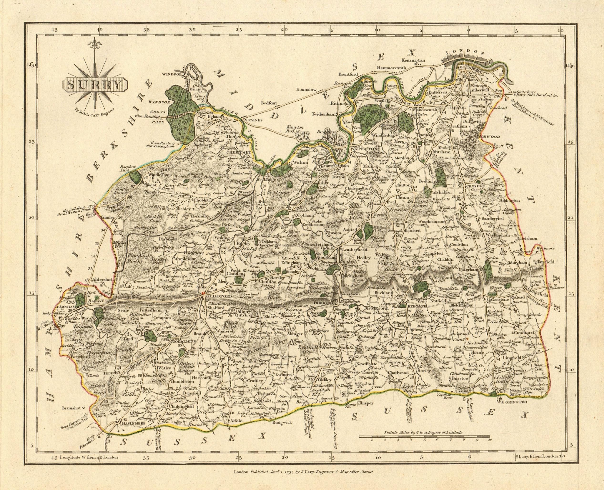 Antique county map of SURREY by JOHN CARY. Original outline colour 1793