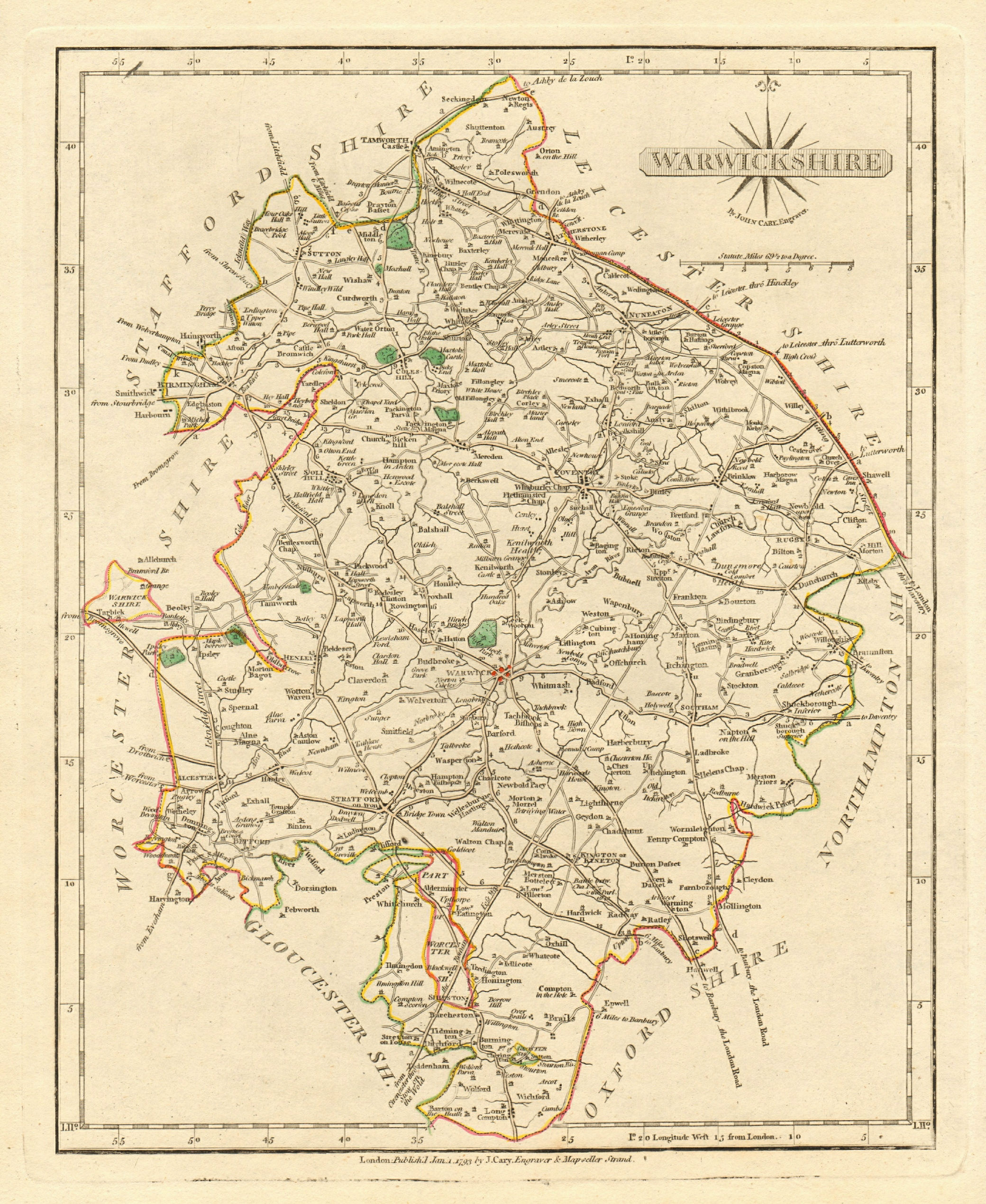 Associate Product Antique county map of WARWICKSHIRE by JOHN CARY. Original outline colour 1793