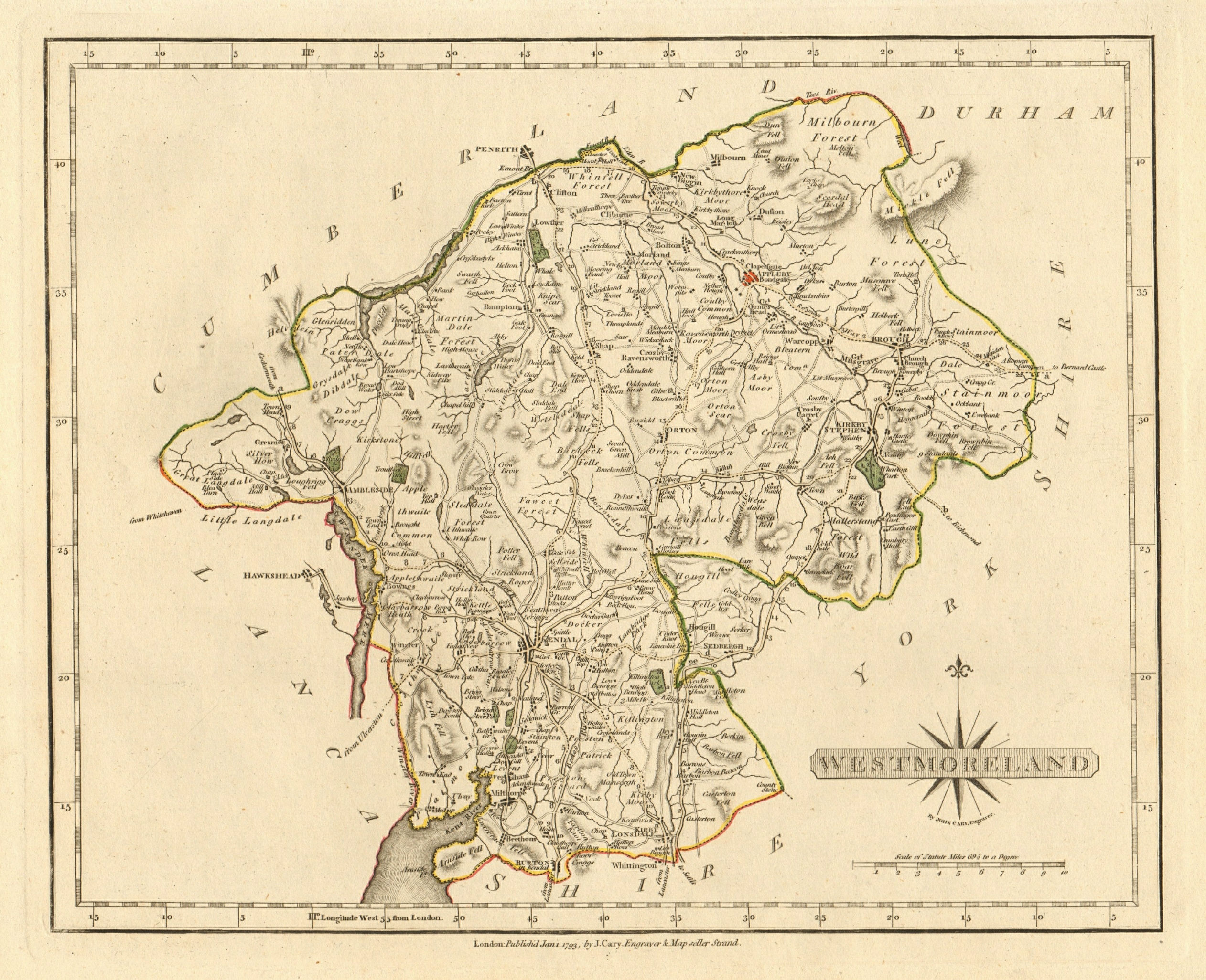 Associate Product Antique county map of WESTMORLAND by JOHN CARY. Original outline colour 1793