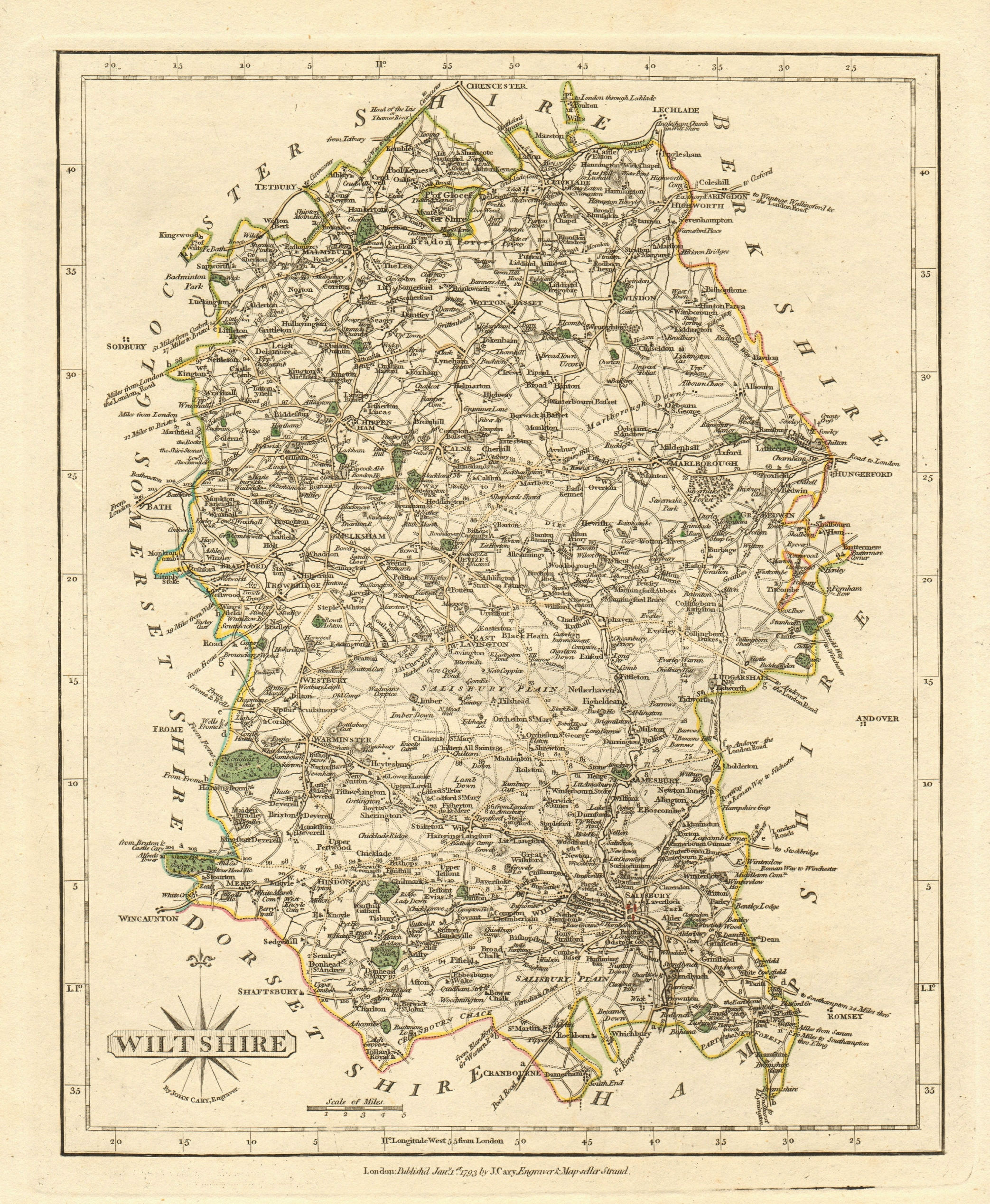 Associate Product Antique county map of WILTSHIRE by JOHN CARY. Original outline colour 1793