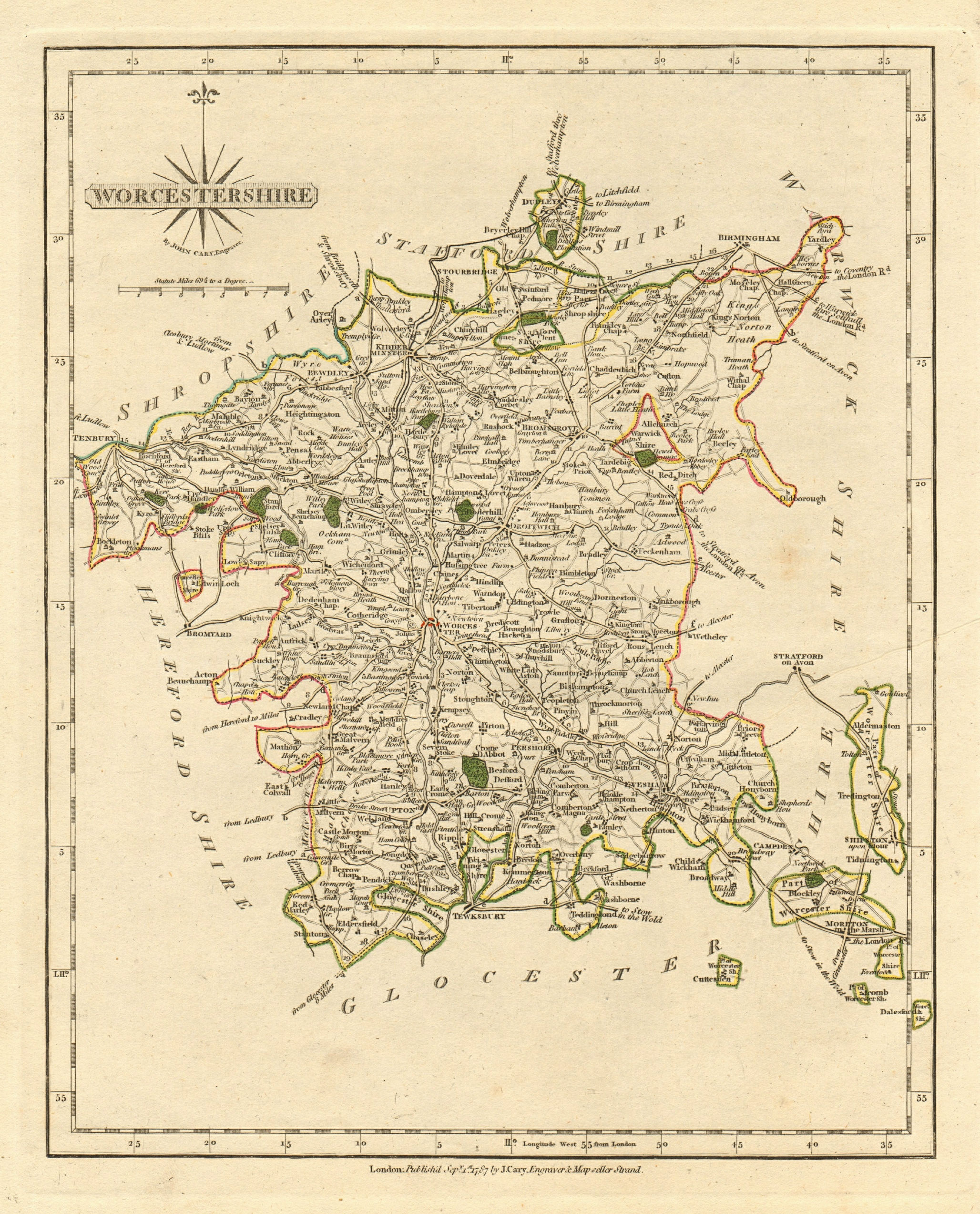 Associate Product Antique county map of WORCESTERSHIRE by JOHN CARY. Original outline colour 1793