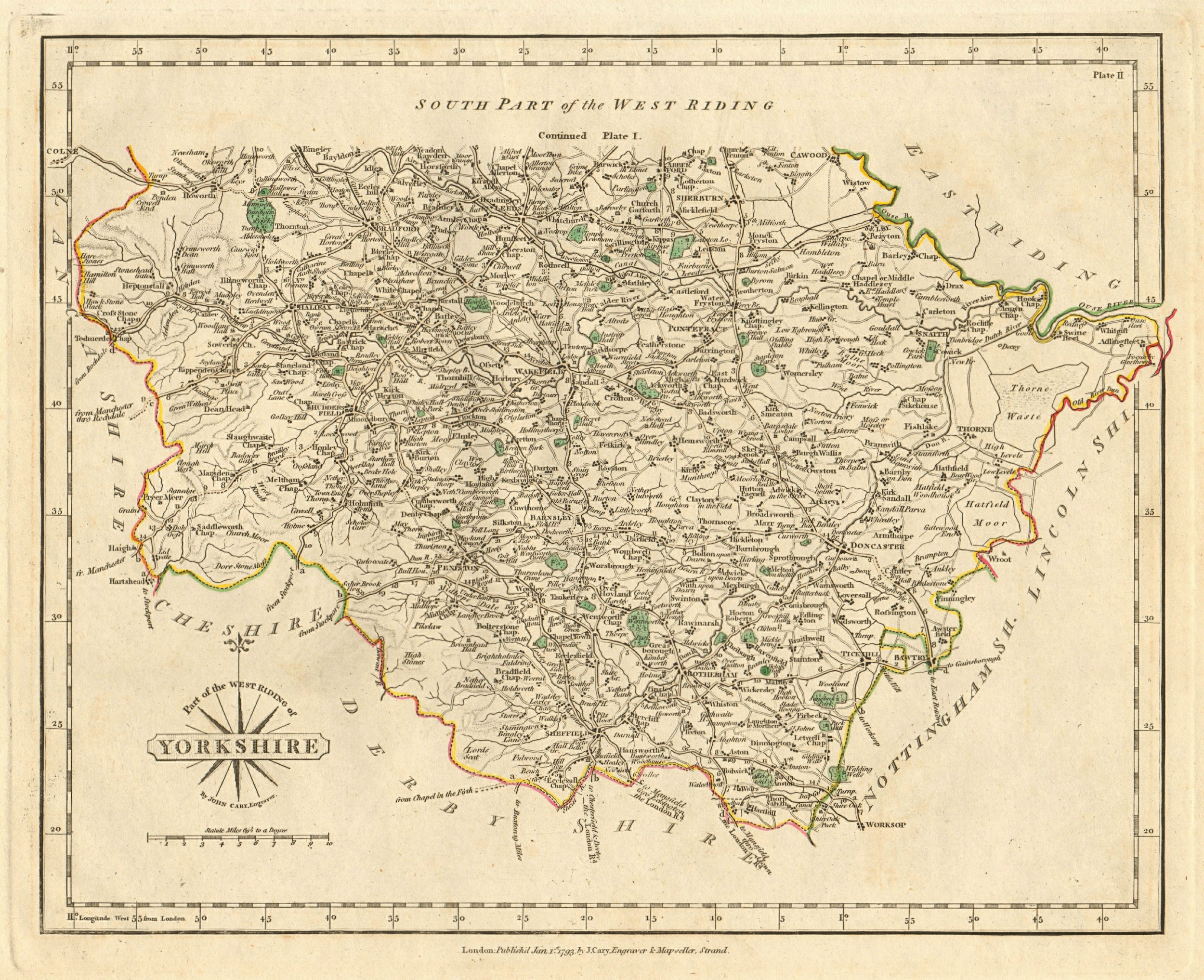 Associate Product WEST RIDING OF YORKSHIRE-NORTH antique map by JOHN CARY. Original colour 1793