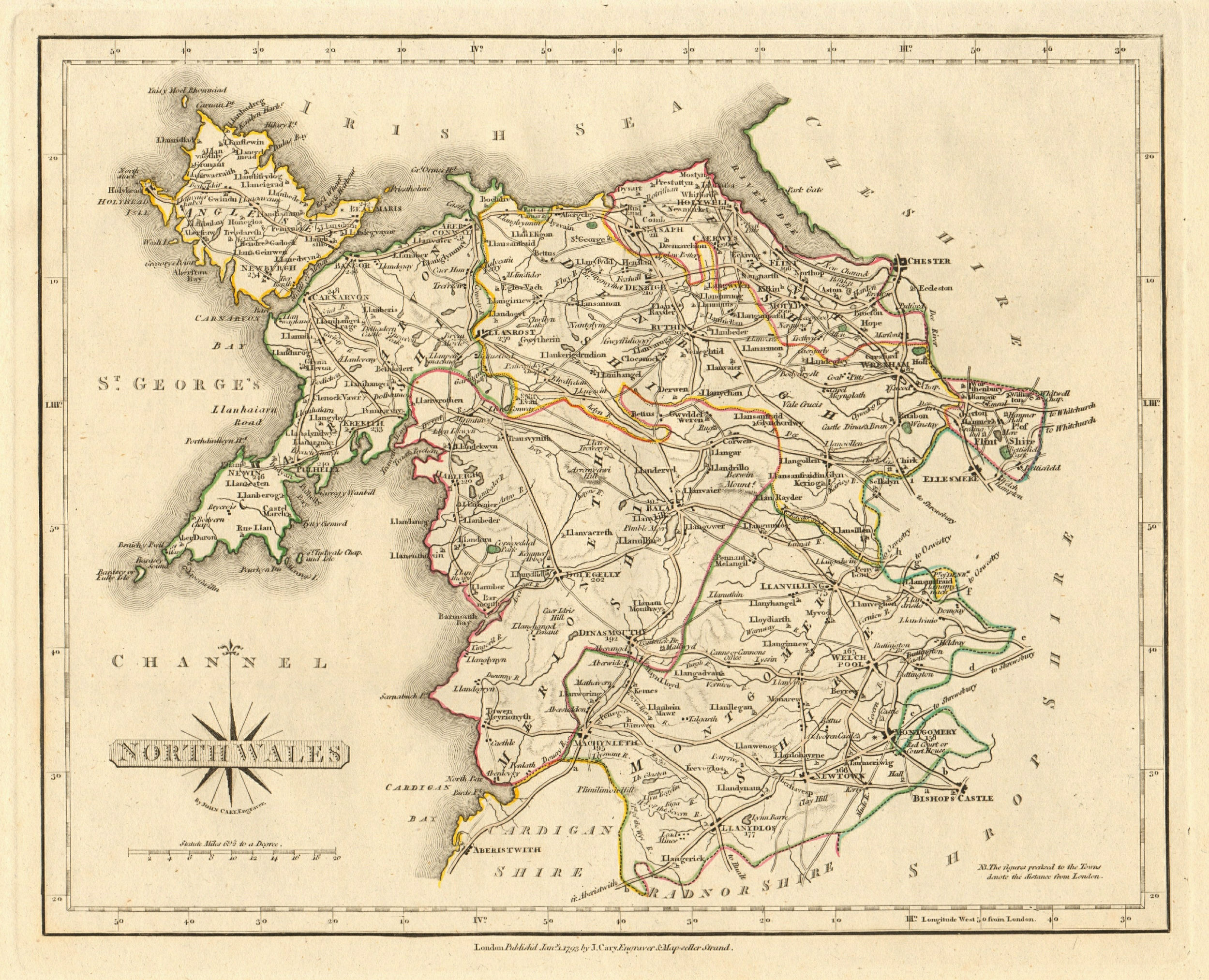 Associate Product Antique map of NORTH WALES by JOHN CARY. Original outline colour 1793 old