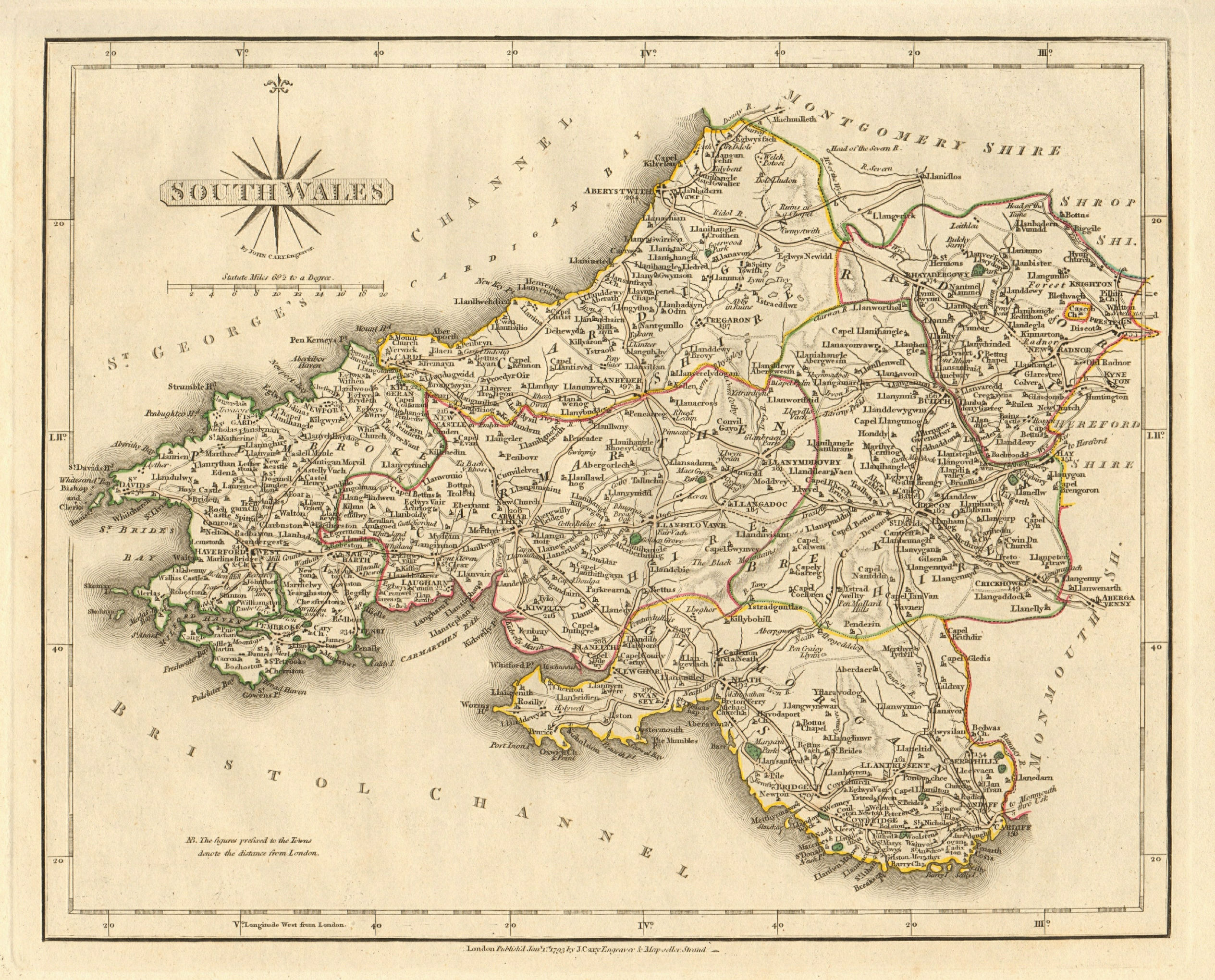 Associate Product Antique map of SOUTH WALES by JOHN CARY. Original outline colour 1793 old