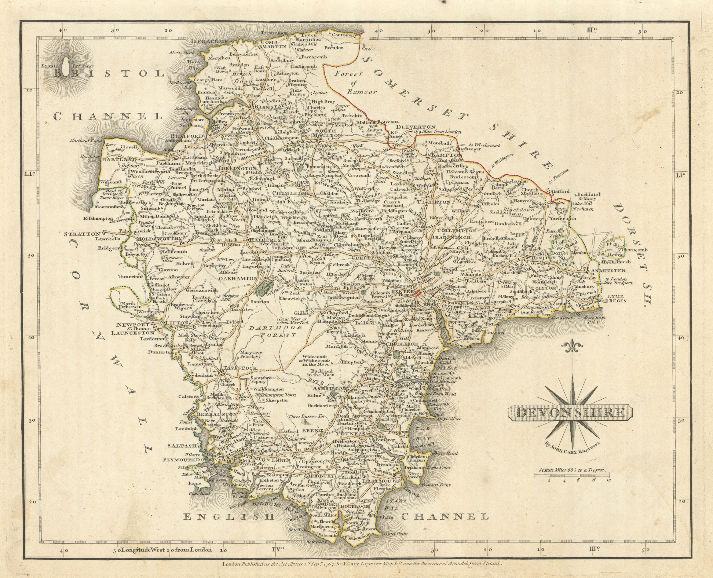Associate Product Antique county map of DEVONSHIRE by JOHN CARY with original outline colour 1793