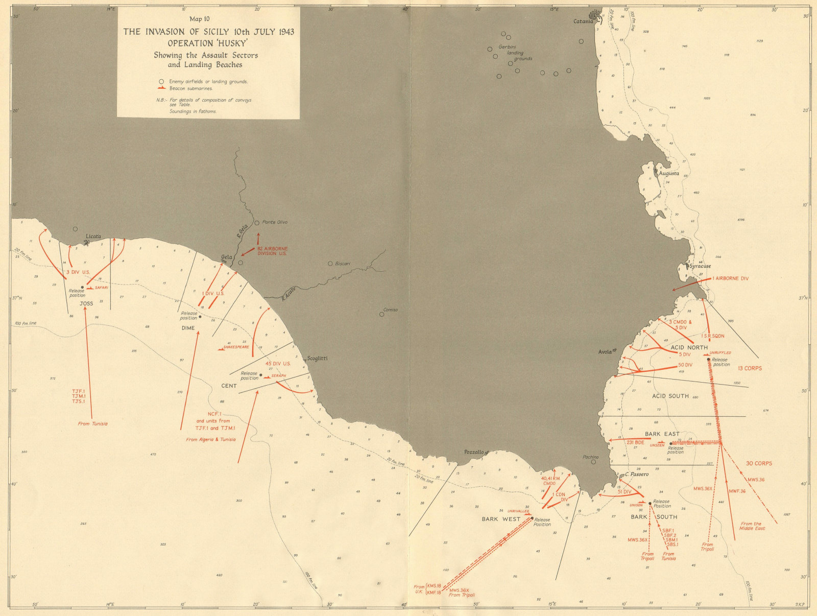 Invasion of Sicily Operation Husky Assault landing beaches 10 July 1943 1954 map