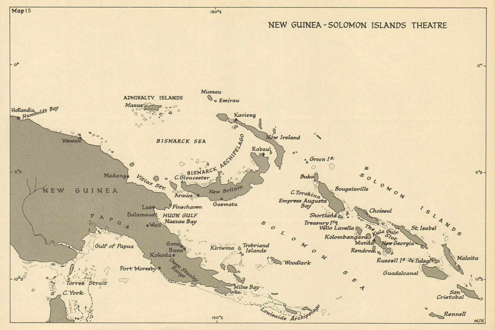 New Guinea & Solomon Islands Theatre. World War 2. Pacific 1954 old map