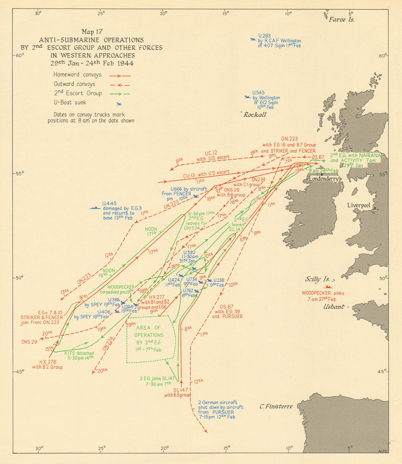 Associate Product Battle of the Atlantic. Anti-submarine operations. Jan-Feb 1944. WW2 1954 map