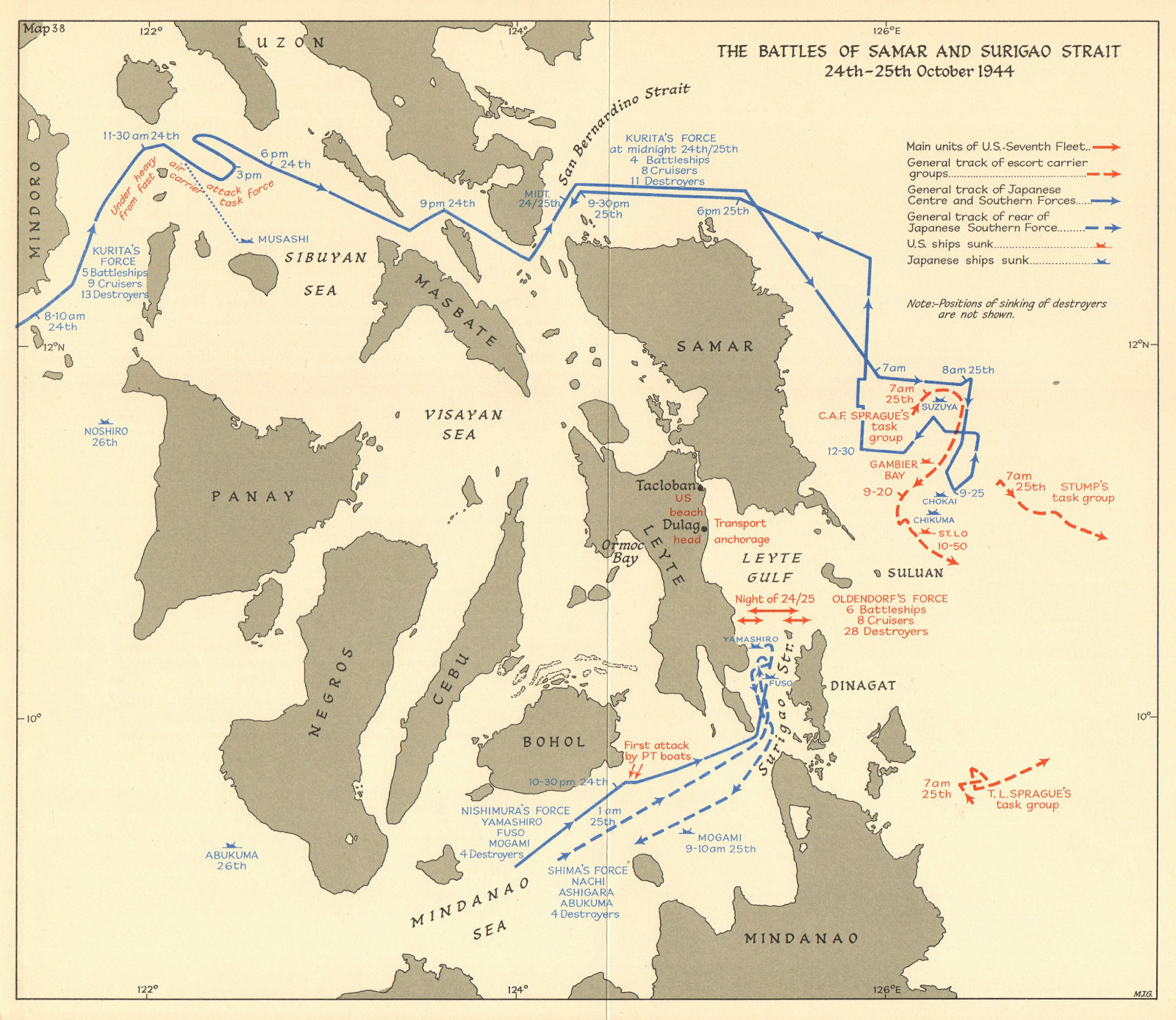 Associate Product Battles of Leyte Gulf, Samar & Surigao Strait Oct 1944. Philippines WW2 1961 map