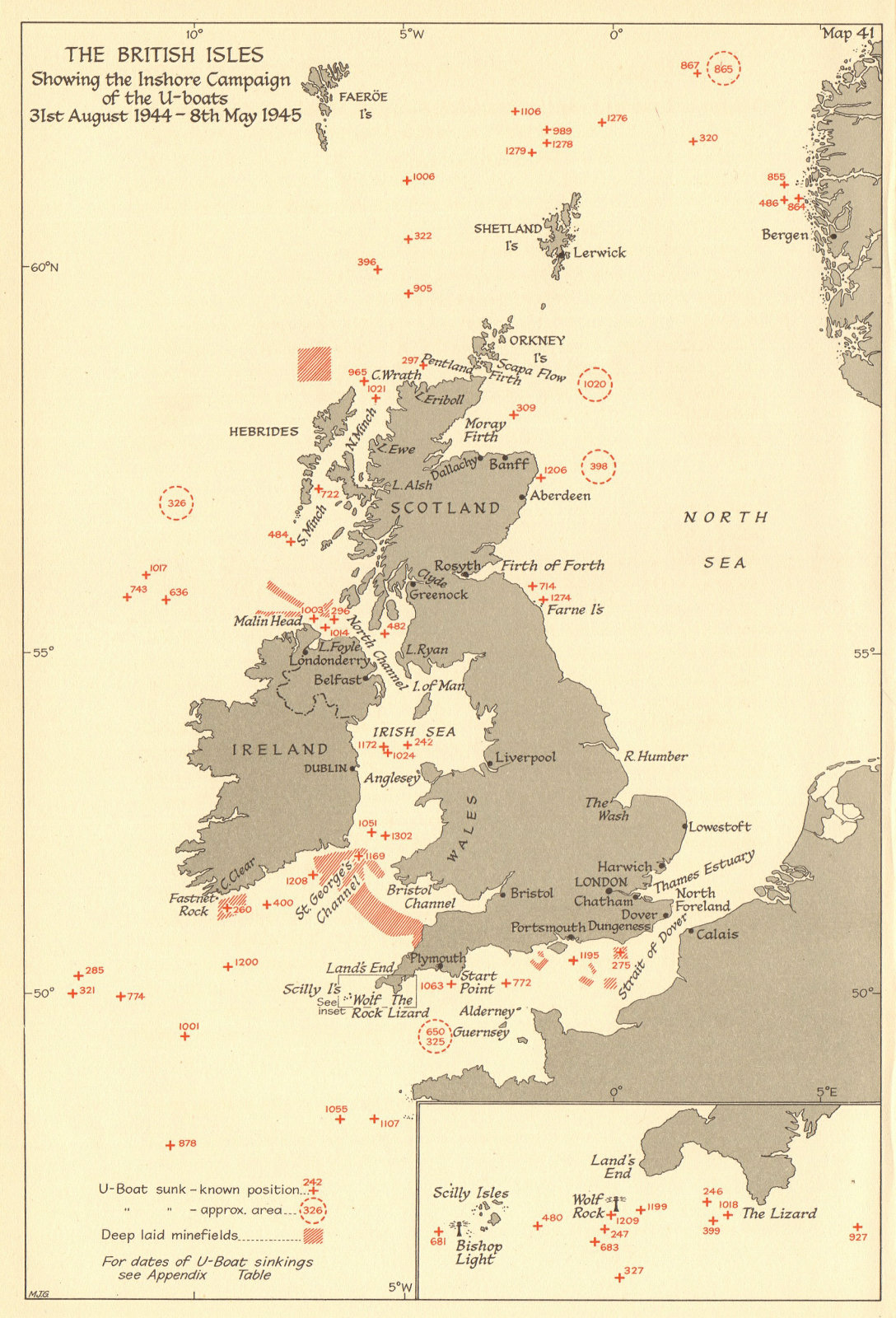 Associate Product British Isles inshore U-boat campaign Sept 1944-May 1945. Sinkings. WW2 1961 map