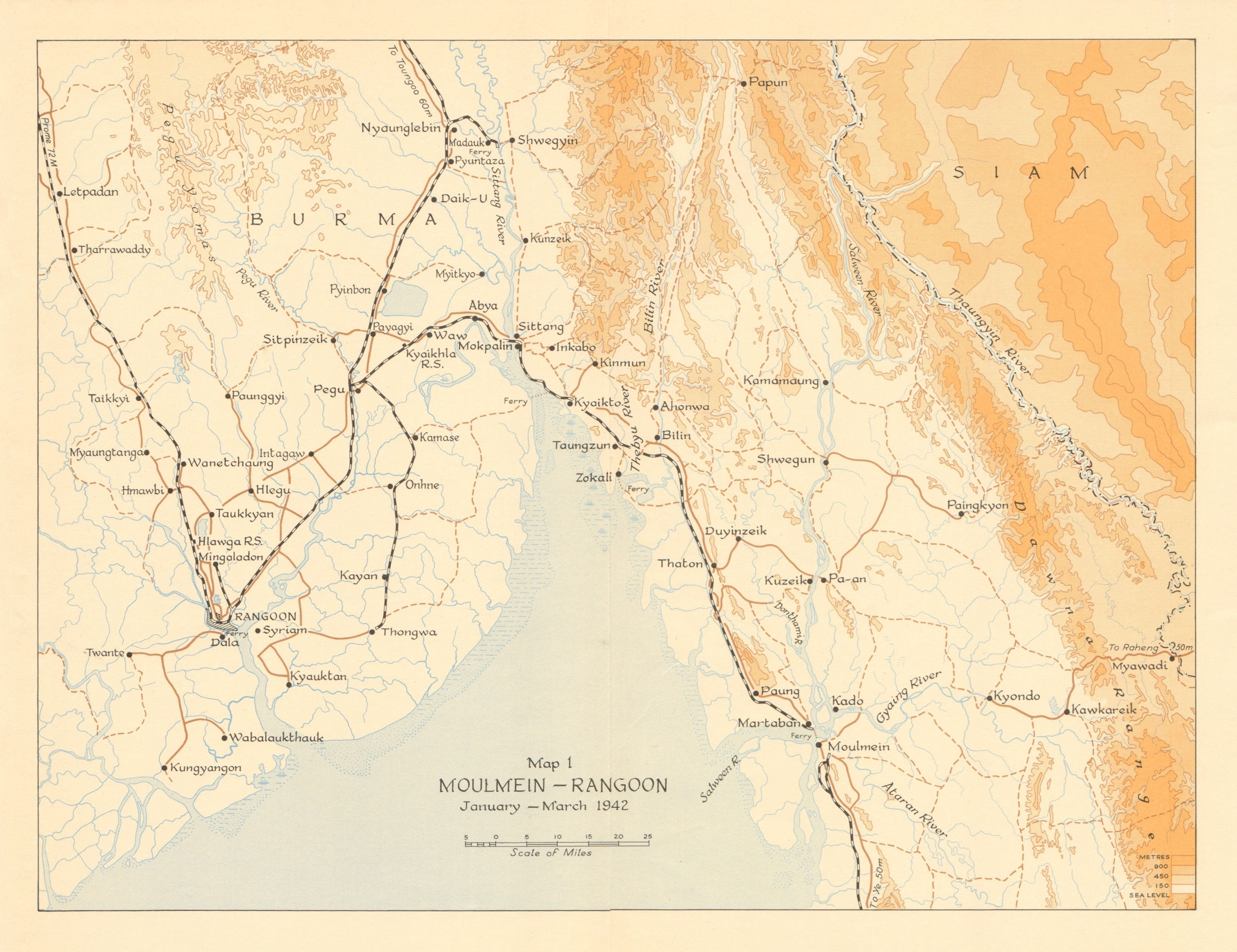 Associate Product Moulmein-Rangoon, January-March 1942. Burma Campaign. World War 2 1961 old map