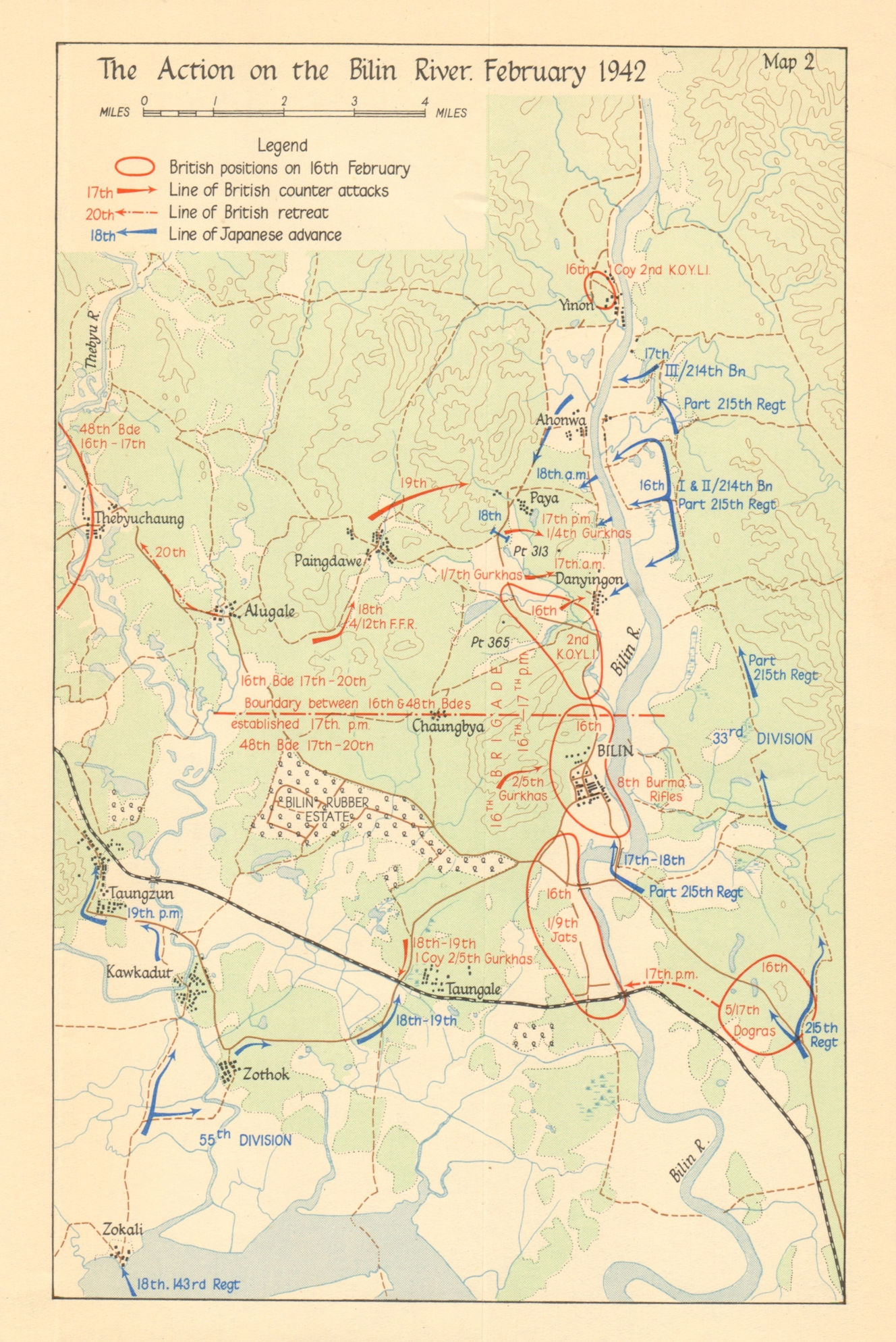 Battle of Bilin River February 1942. Japanese conquest of Burma. WW2 1961 map