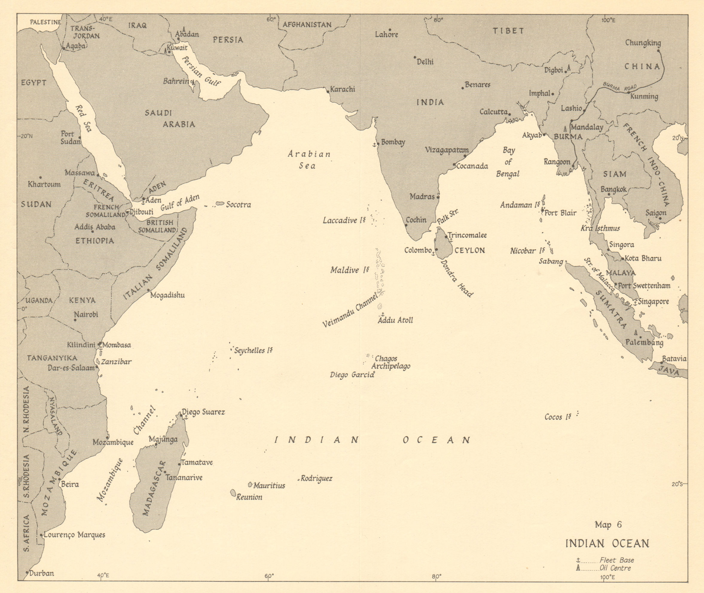 Indian Ocean 1942. World War 2 1961 old vintage map plan chart