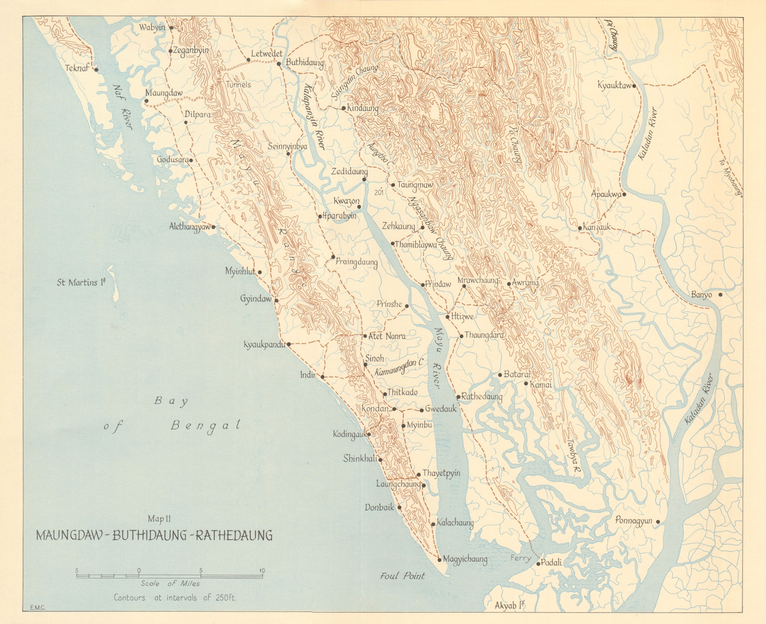 Maungdaw-Buthidaung-Rathedaung 1943. Japanese conquest of Burma. WW2 1961 map