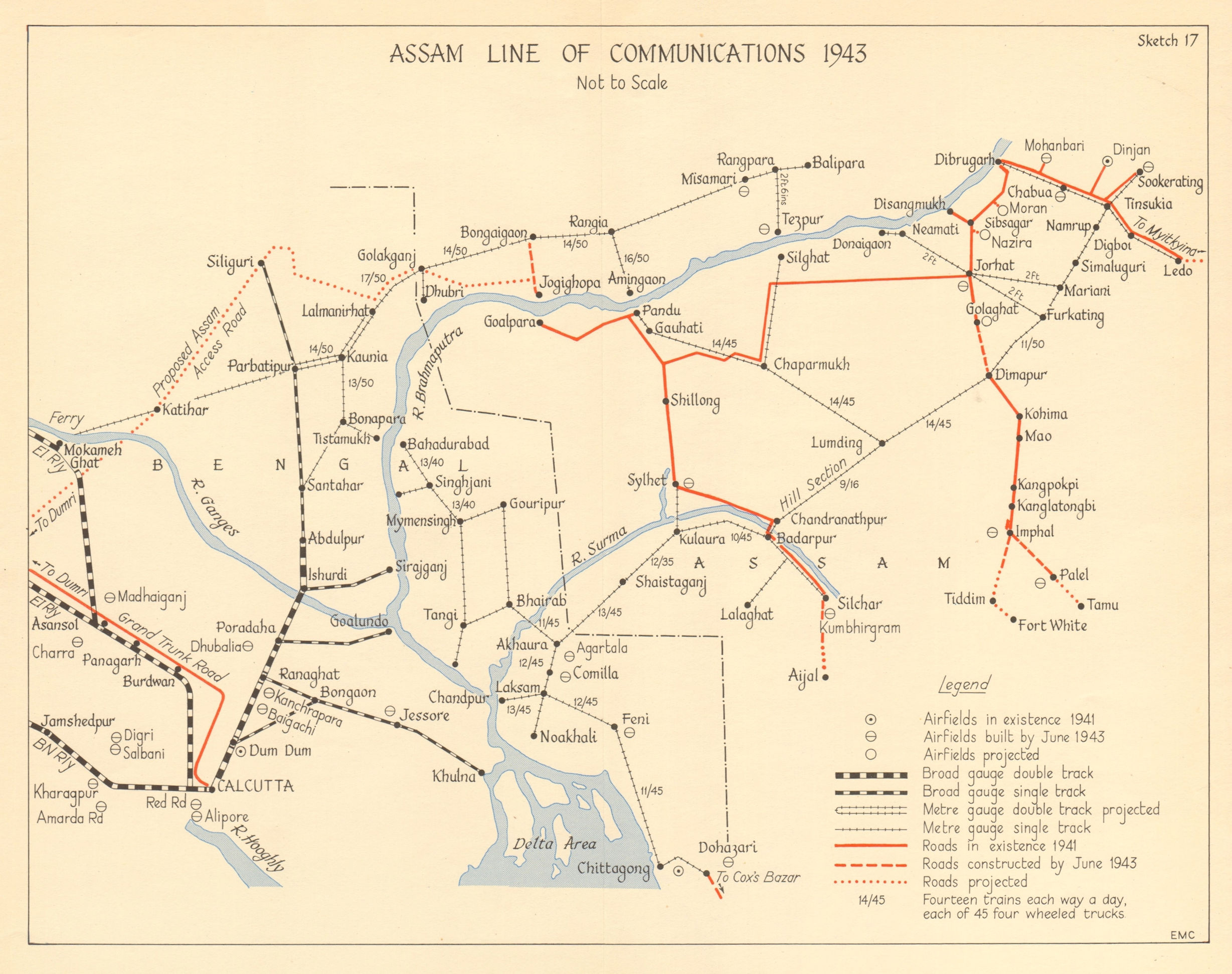 Assam Line of Communications 1943. Burma Campaign WW2 India 1961 old map