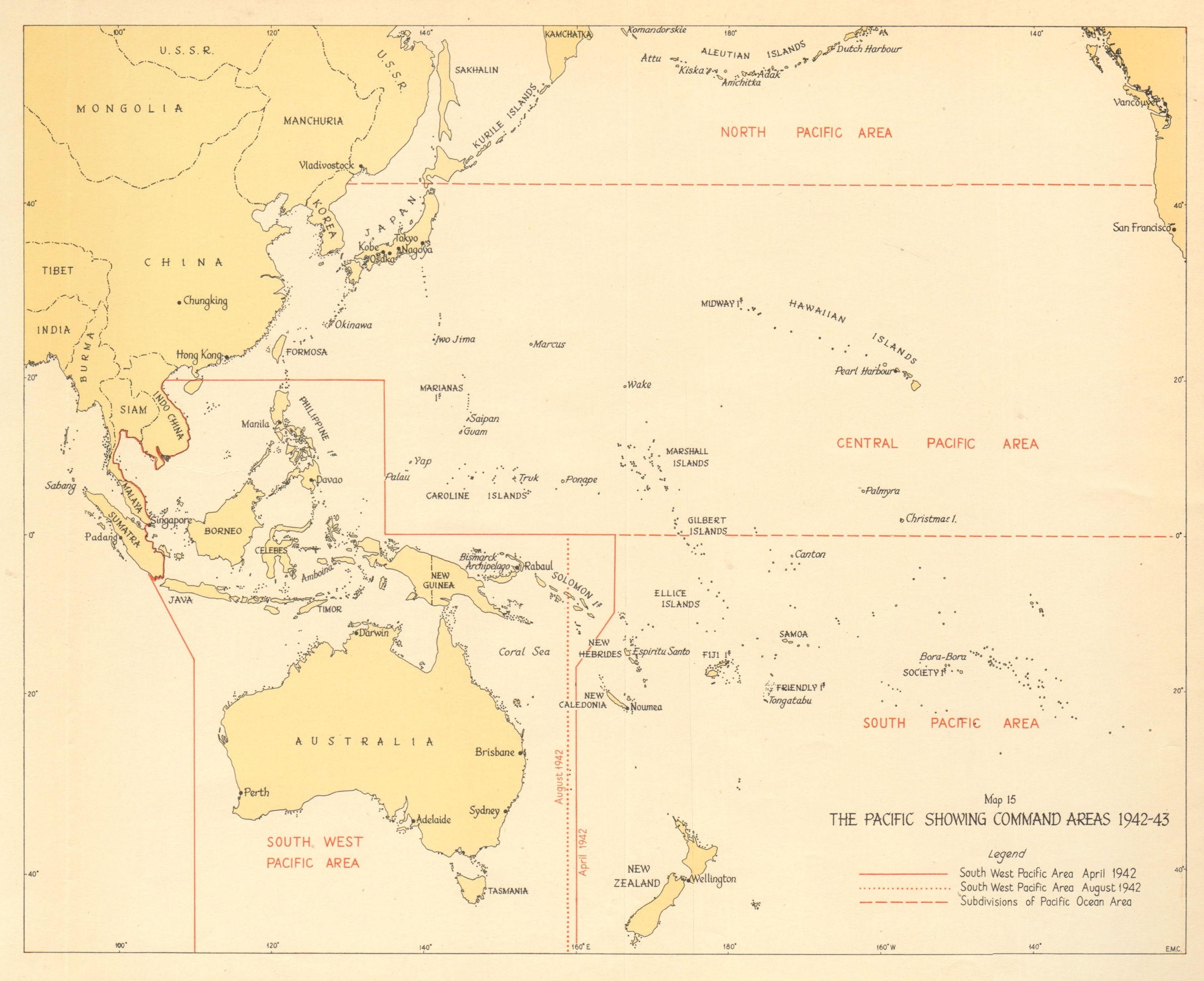 The Pacific showing Command Areas 1942-43. World War 2 1961 old vintage map