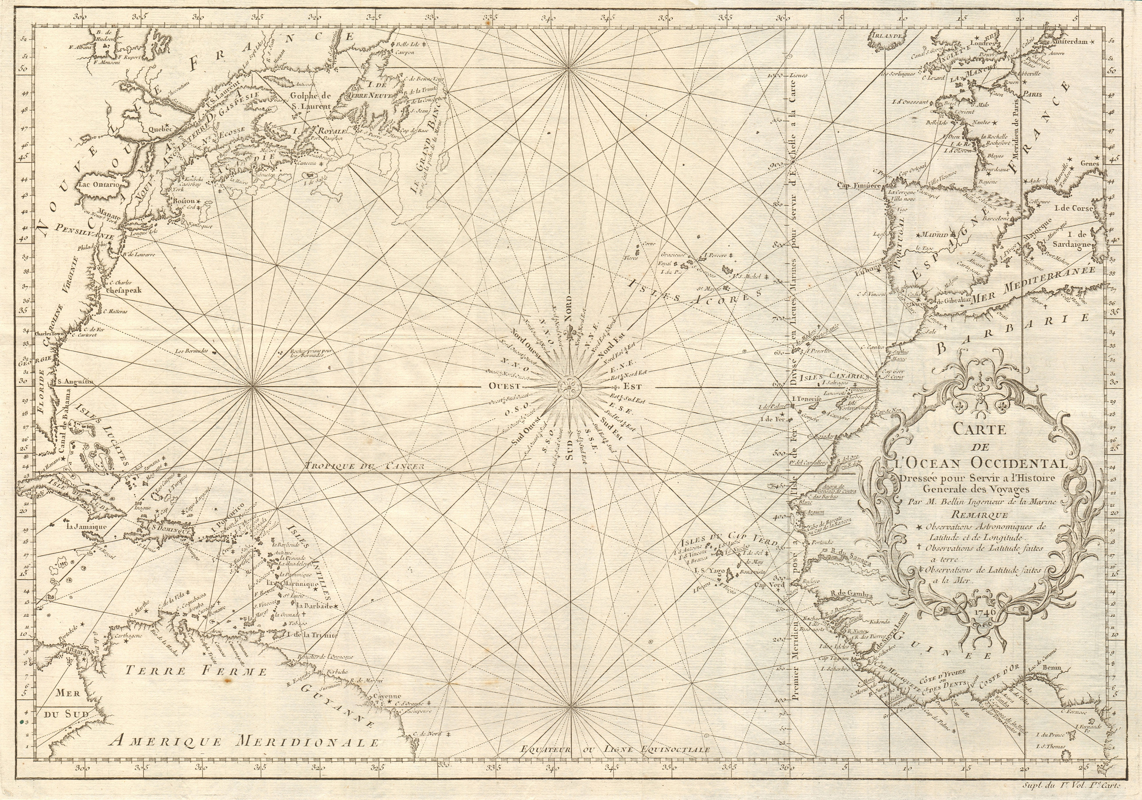 Associate Product Carte de l’Ocean Occidental. North Atlantic Ocean Ferro Meridian BELLIN 1746 map