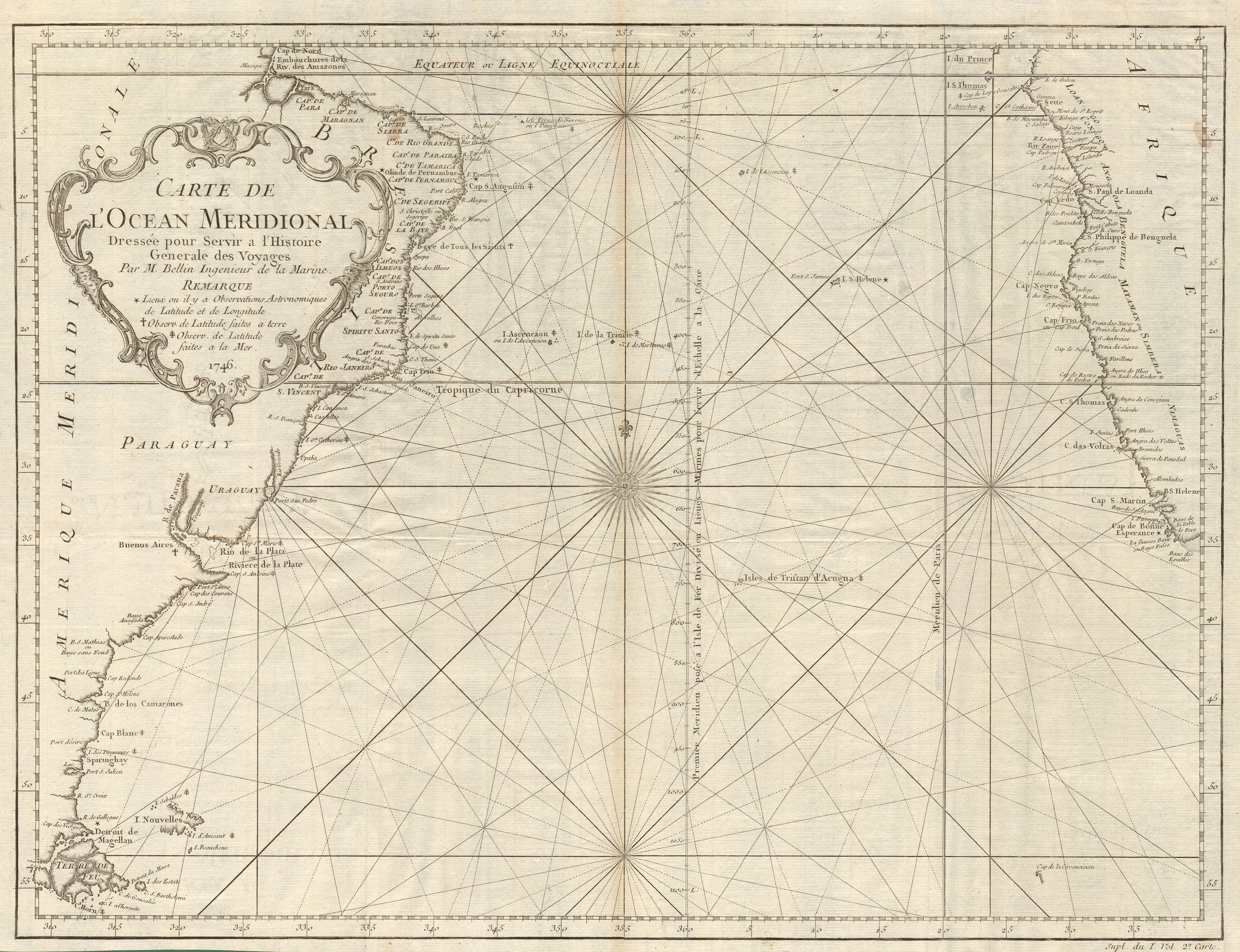 Associate Product Carte de l’Ocean Meridional. South Atlantic Ocean Ferro Meridian BELLIN 1746 map
