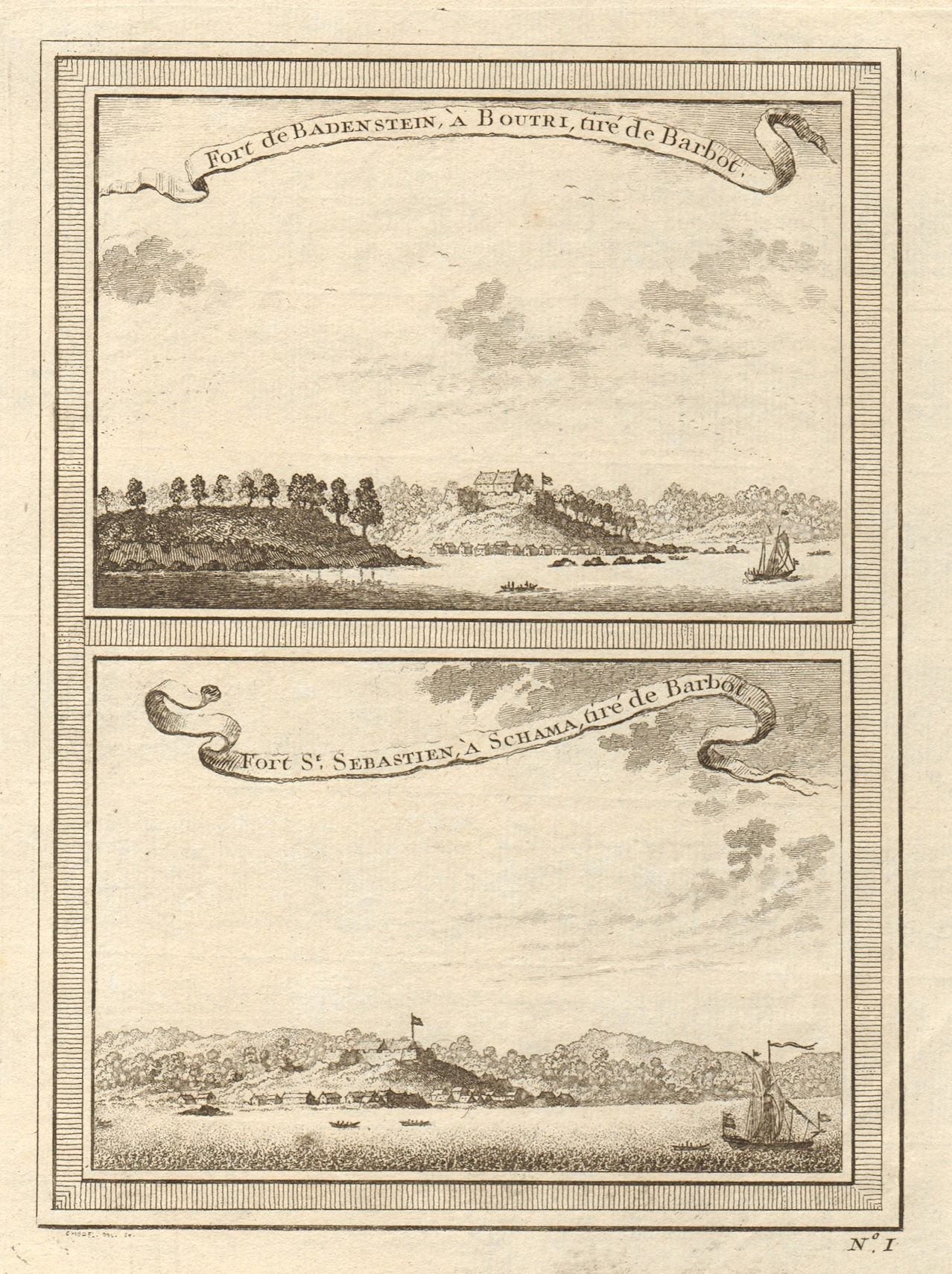 Associate Product Ghana. Fort Batenstein at Butre, and Fort San Sebastian at Shama 1747 print