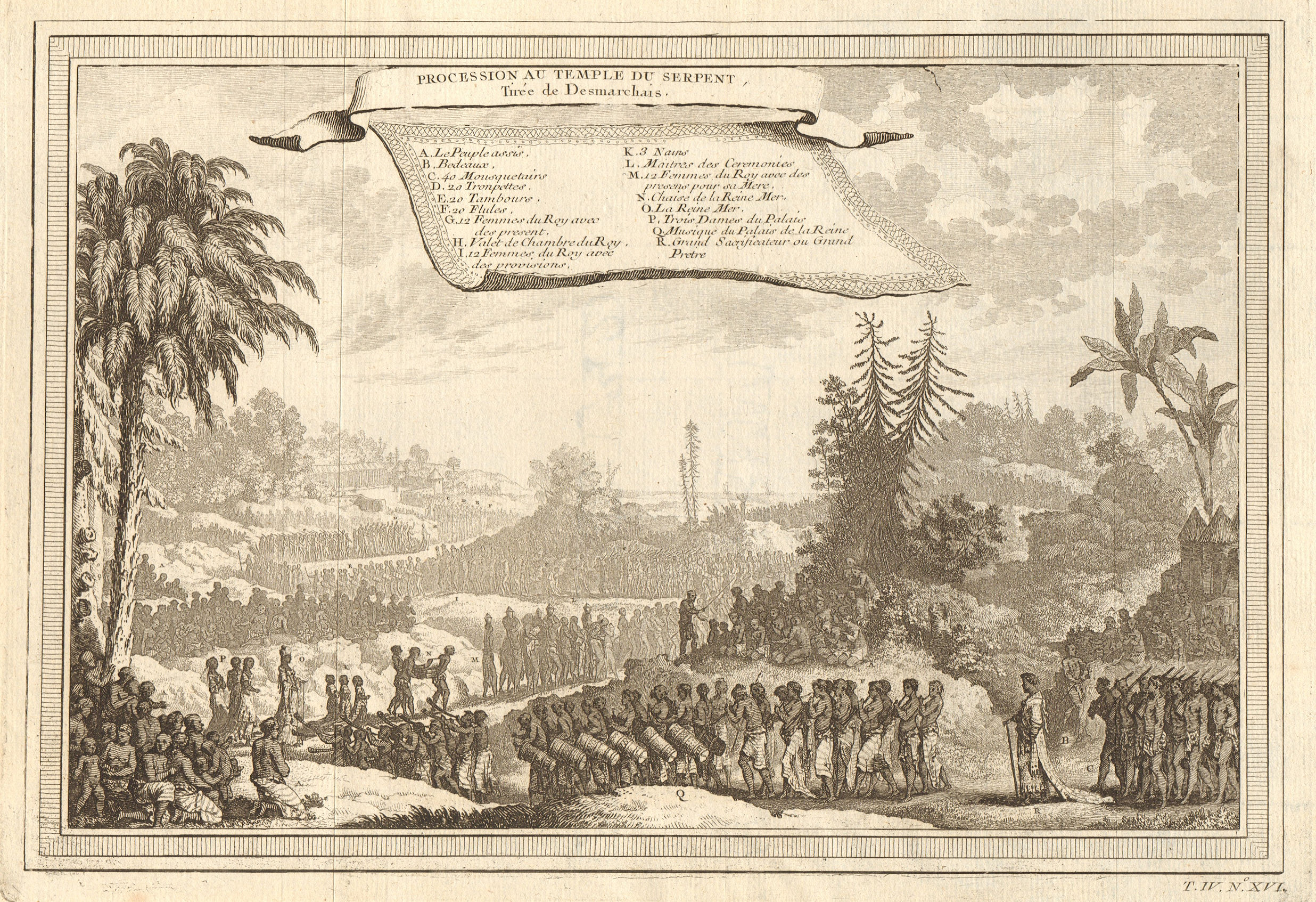 'Procession au Temple du Serpent'. Whydah Ouidah Serpent cult. Desmarchais 1747