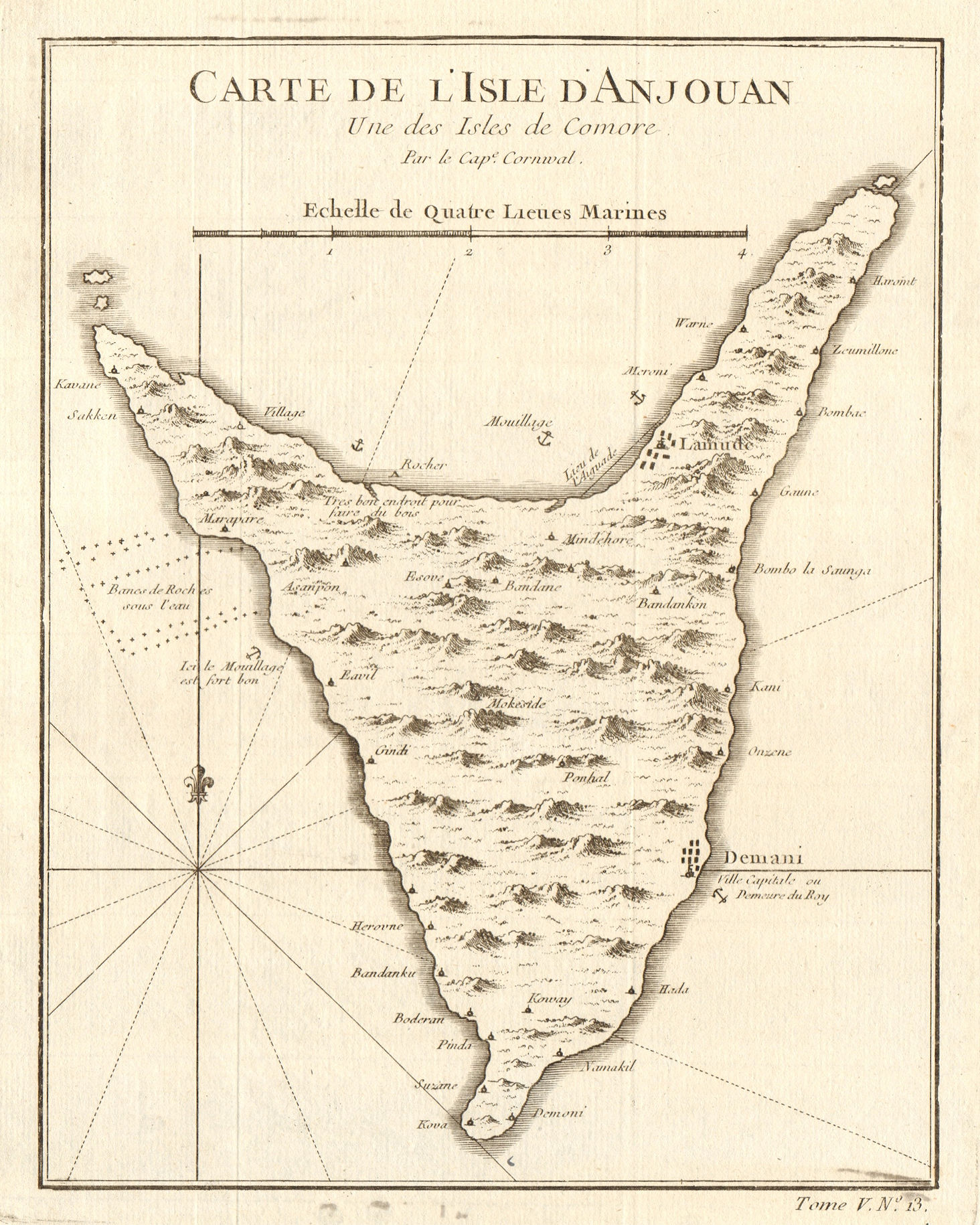 'L’lsle d’Anjouan, une des lsles de Comore'. Comoros islands. BELLIN 1748 map