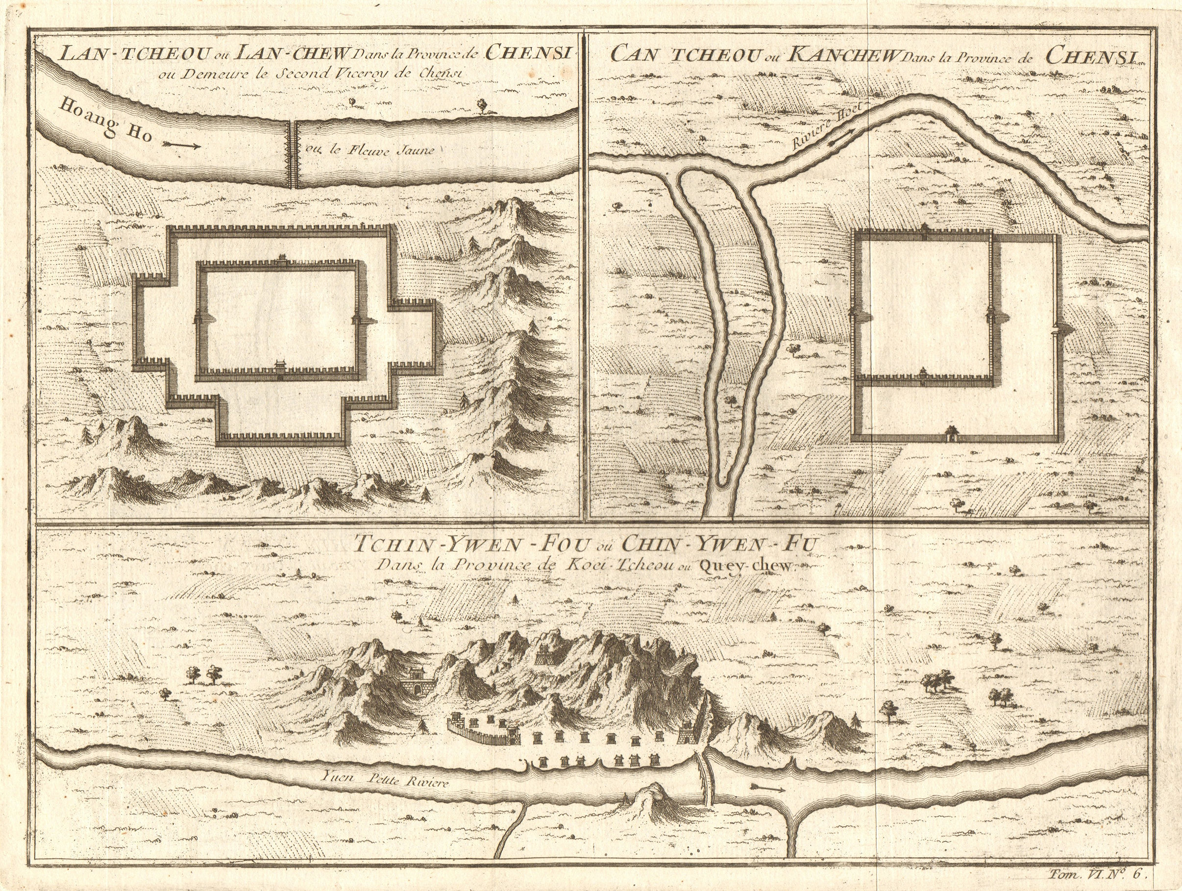 Lanzhou, Shanxi; Zhangye, Gansu & Zhenyuan, Guizhou city plans. BELLIN 1748 map