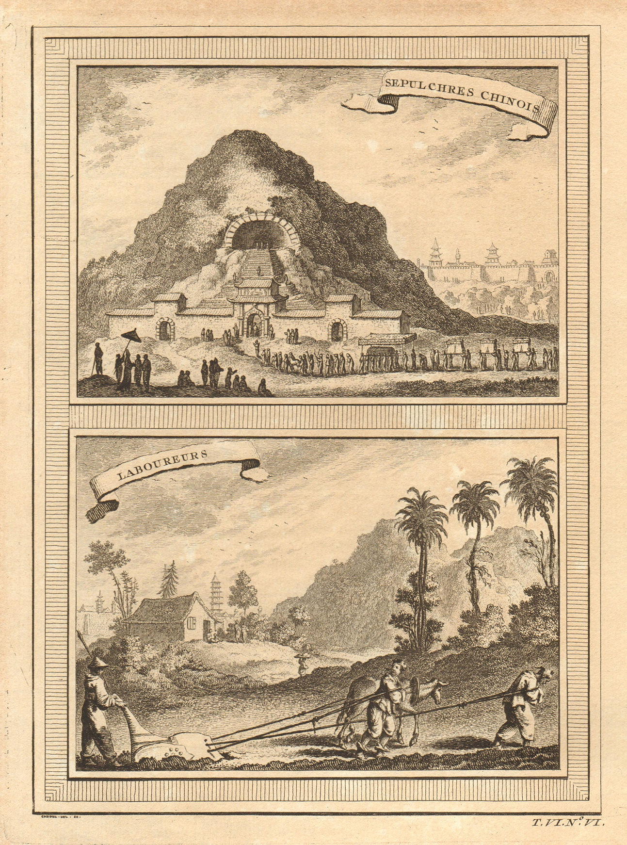 Associate Product 'Sepulchres Chinois; Laboureurs'. Chinese tombs / mausoleum. Farmers. China 1748