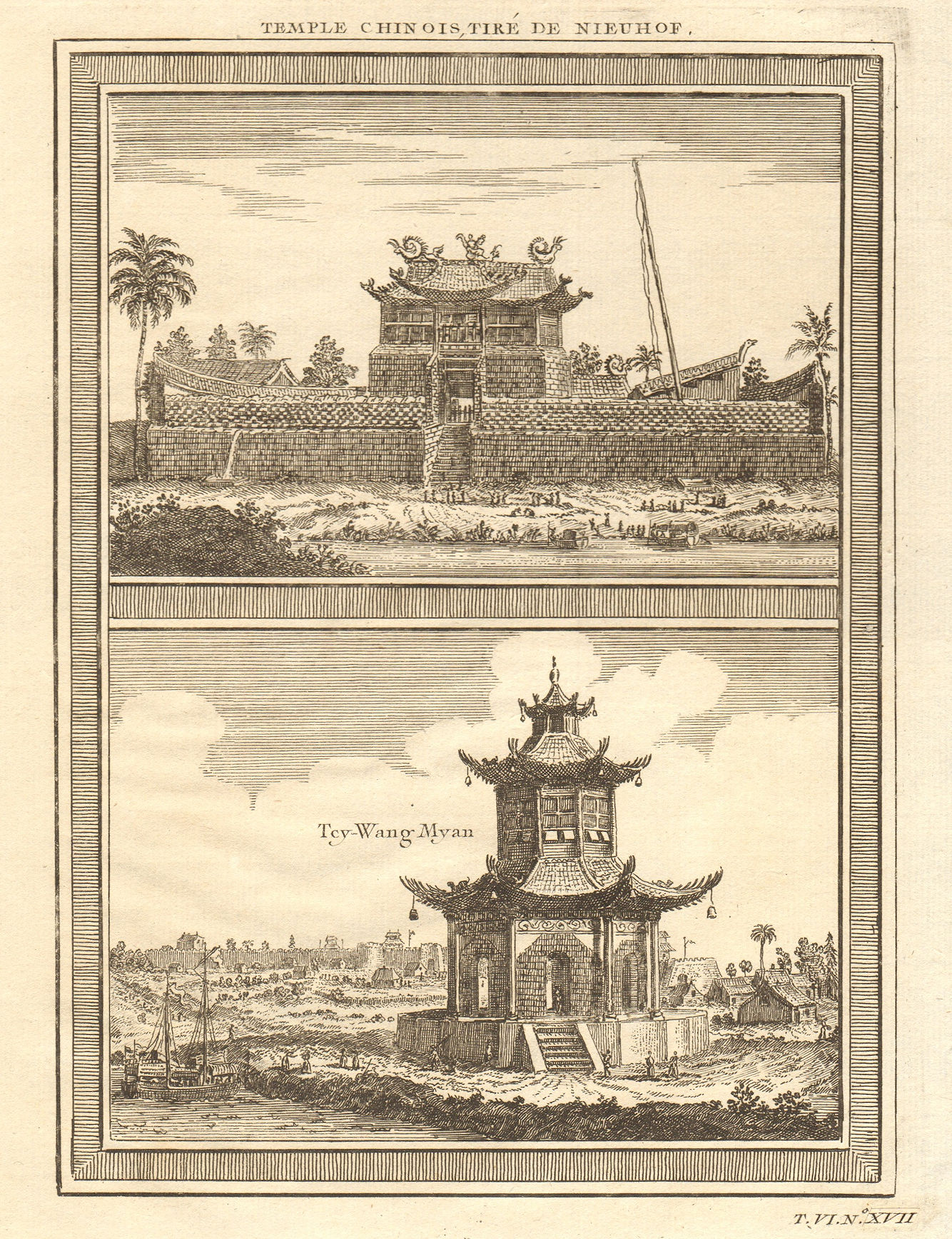 Temple Chinois. China Chinese temples; Tey Wang Myan, Sin ko tsyen 1748 print