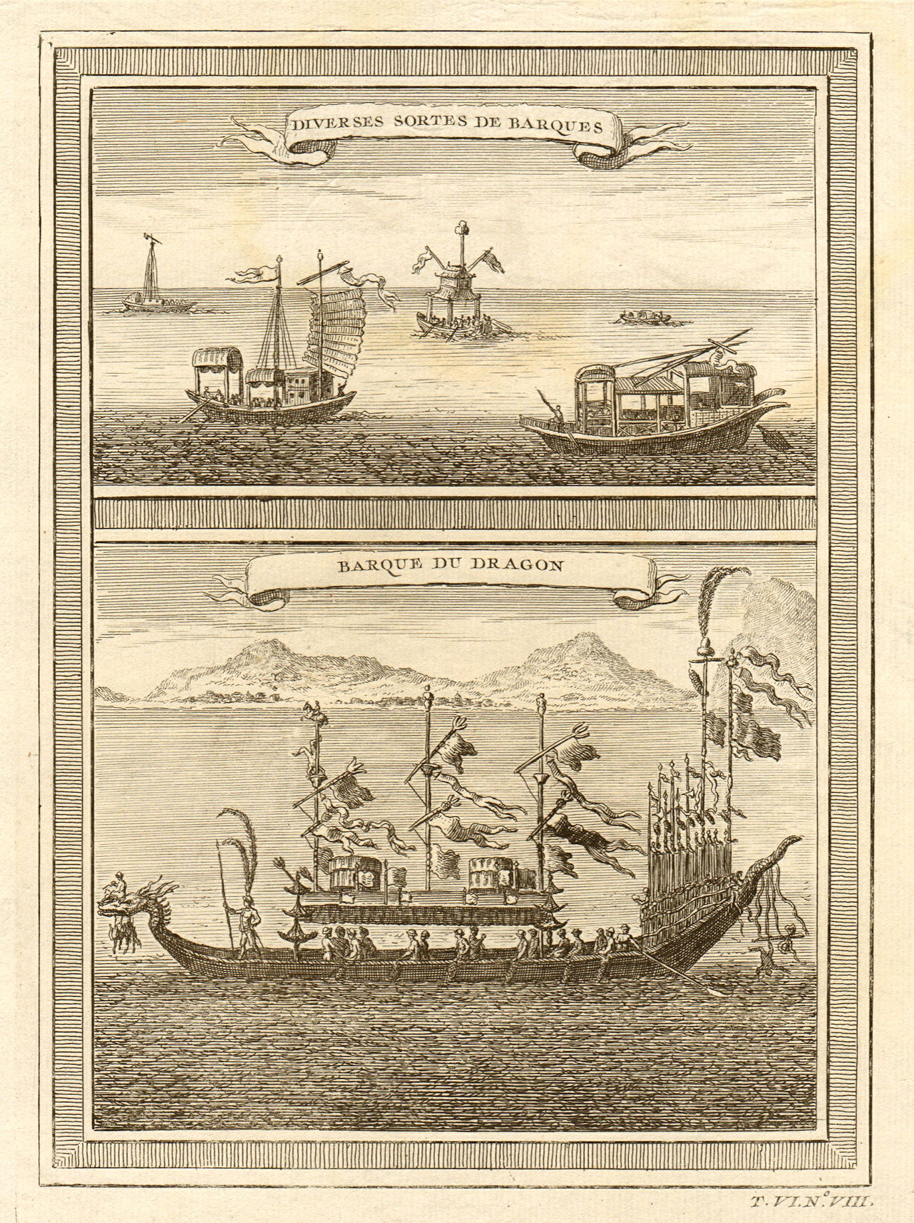 'Barque du Dragon'. Chinese boats. Junks. Dragon boat. China 1748 old print